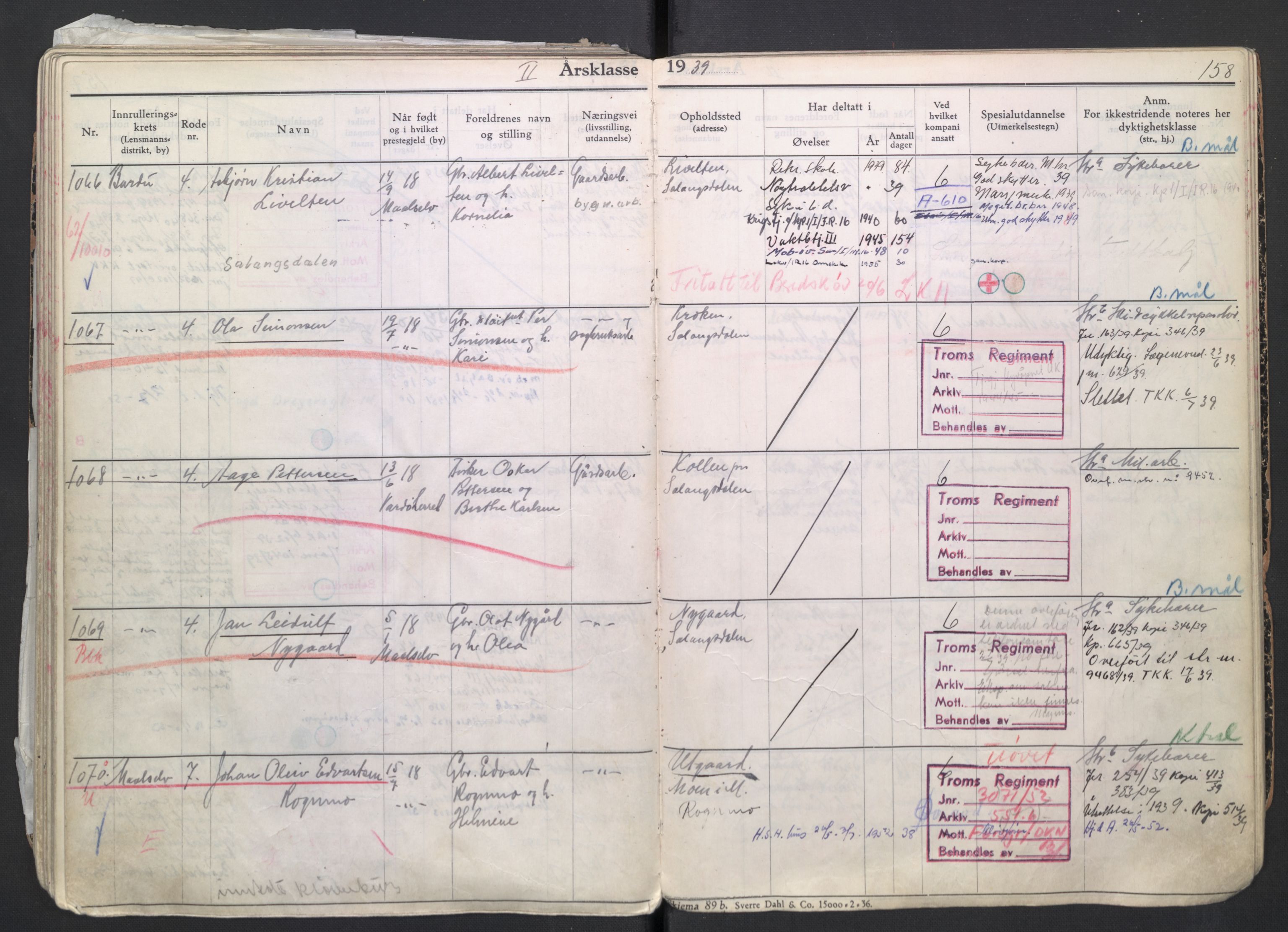 Forsvaret, Troms infanteriregiment nr. 16, AV/RA-RAFA-3146/P/Pa/L0007/0004: Ruller / Rulle for regimentets menige mannskaper, årsklasse 1939, 1939, p. 158