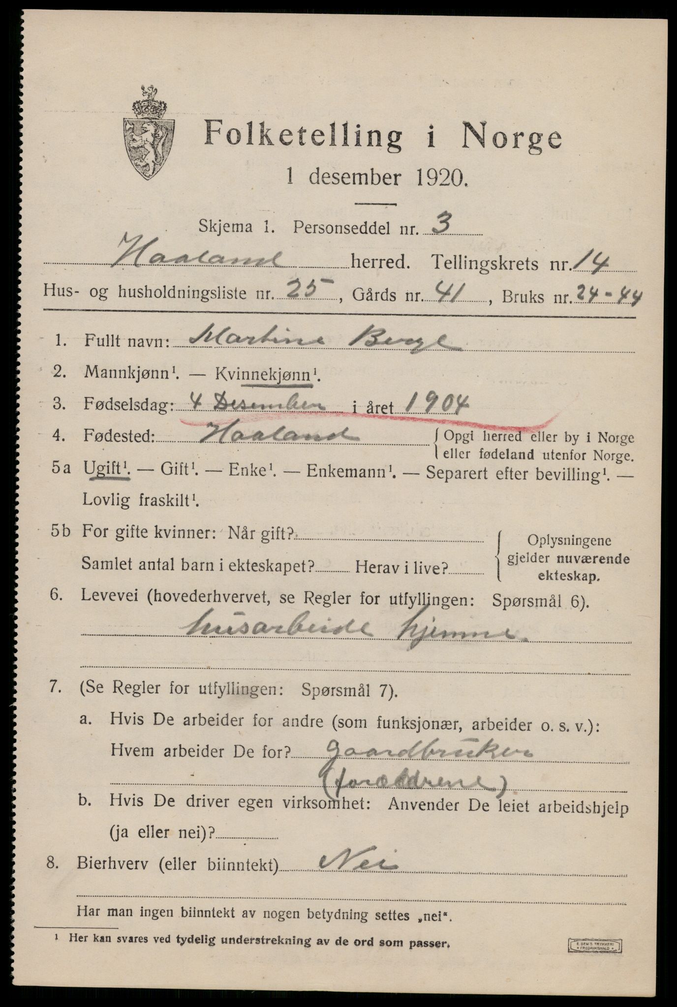 SAST, 1920 census for Håland, 1920, p. 10245