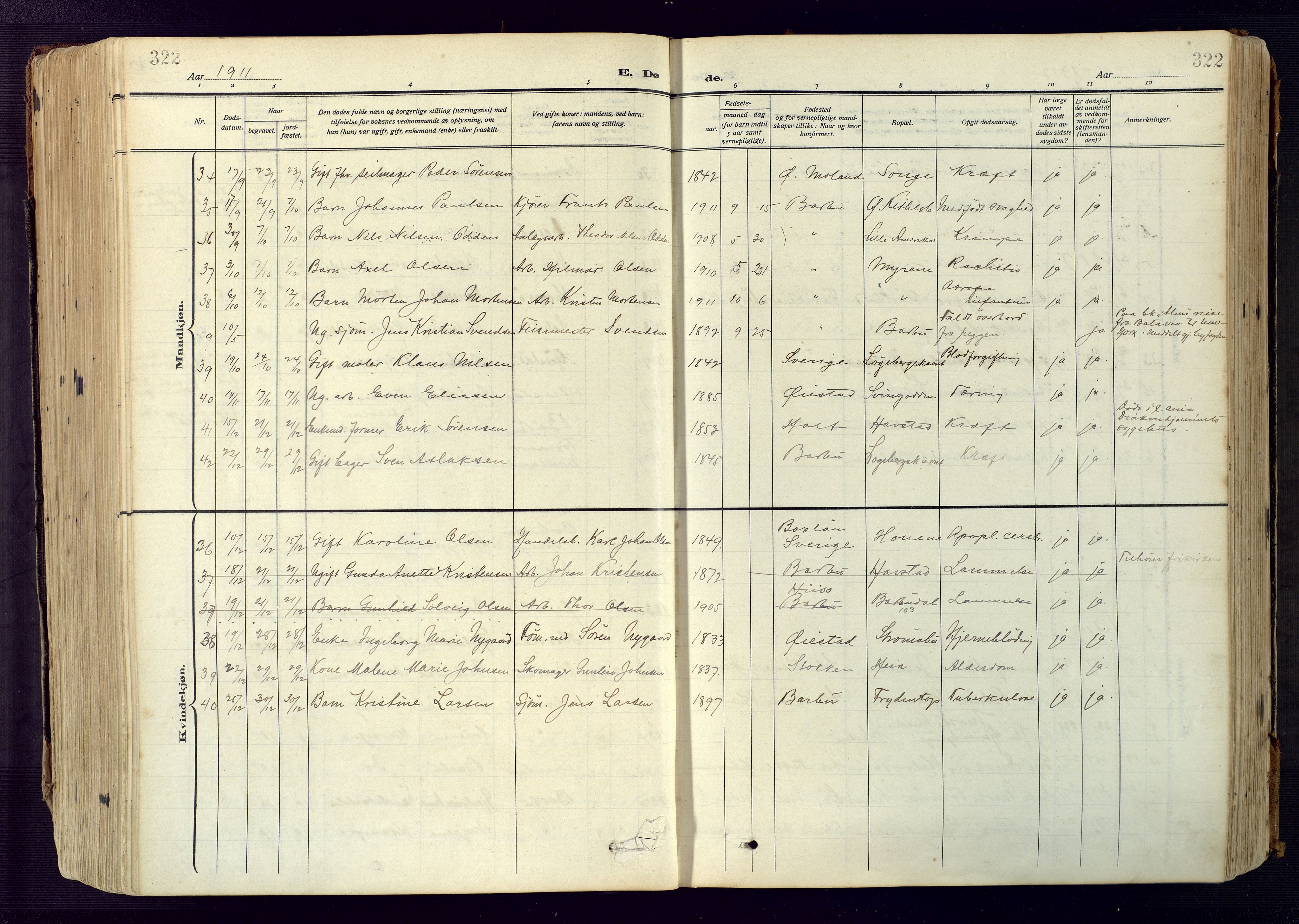 Barbu sokneprestkontor, AV/SAK-1111-0003/F/Fa/L0006: Parish register (official) no. A 6, 1910-1929, p. 322