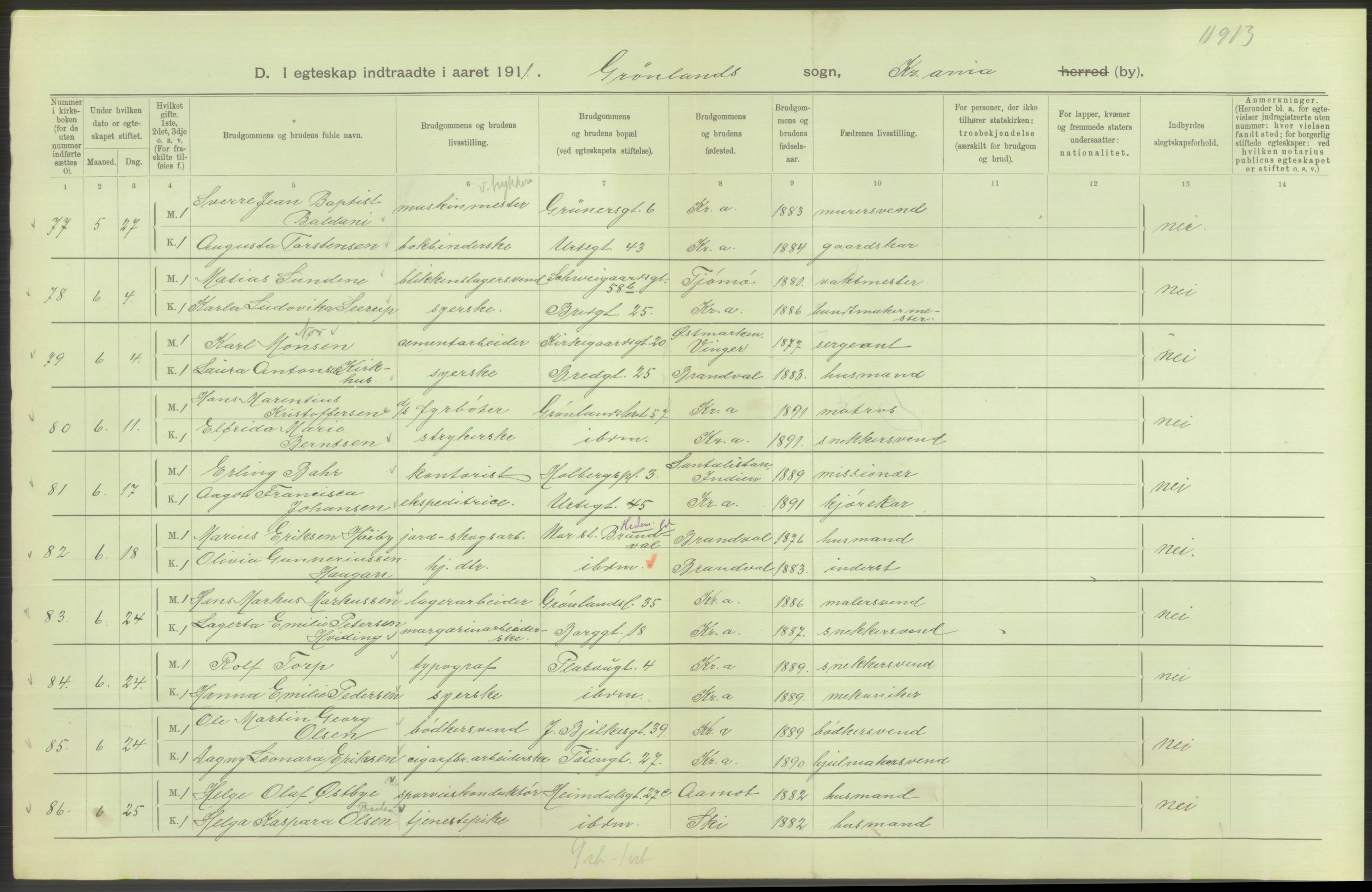 Statistisk sentralbyrå, Sosiodemografiske emner, Befolkning, AV/RA-S-2228/D/Df/Dfb/Dfba/L0008: Kristiania: Gifte, 1911, p. 242