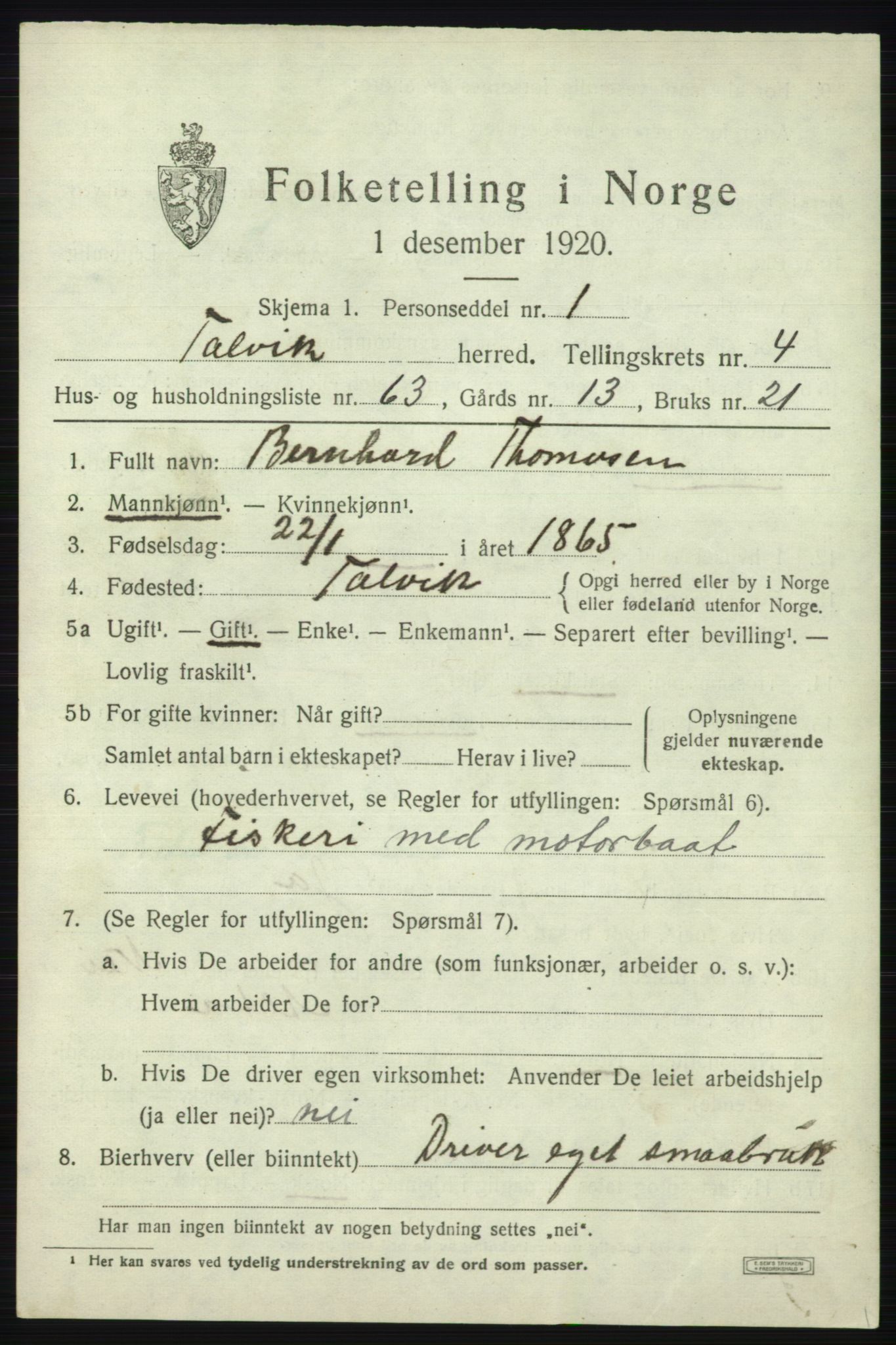 SATØ, 1920 census for Talvik, 1920, p. 3316