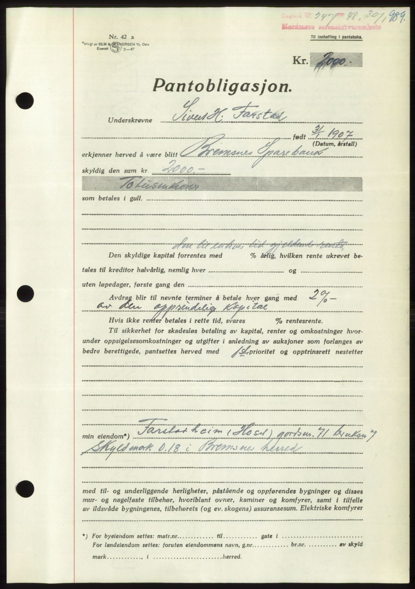 Nordmøre sorenskriveri, AV/SAT-A-4132/1/2/2Ca: Mortgage book no. B97, 1947-1948, Diary no: : 247/1948