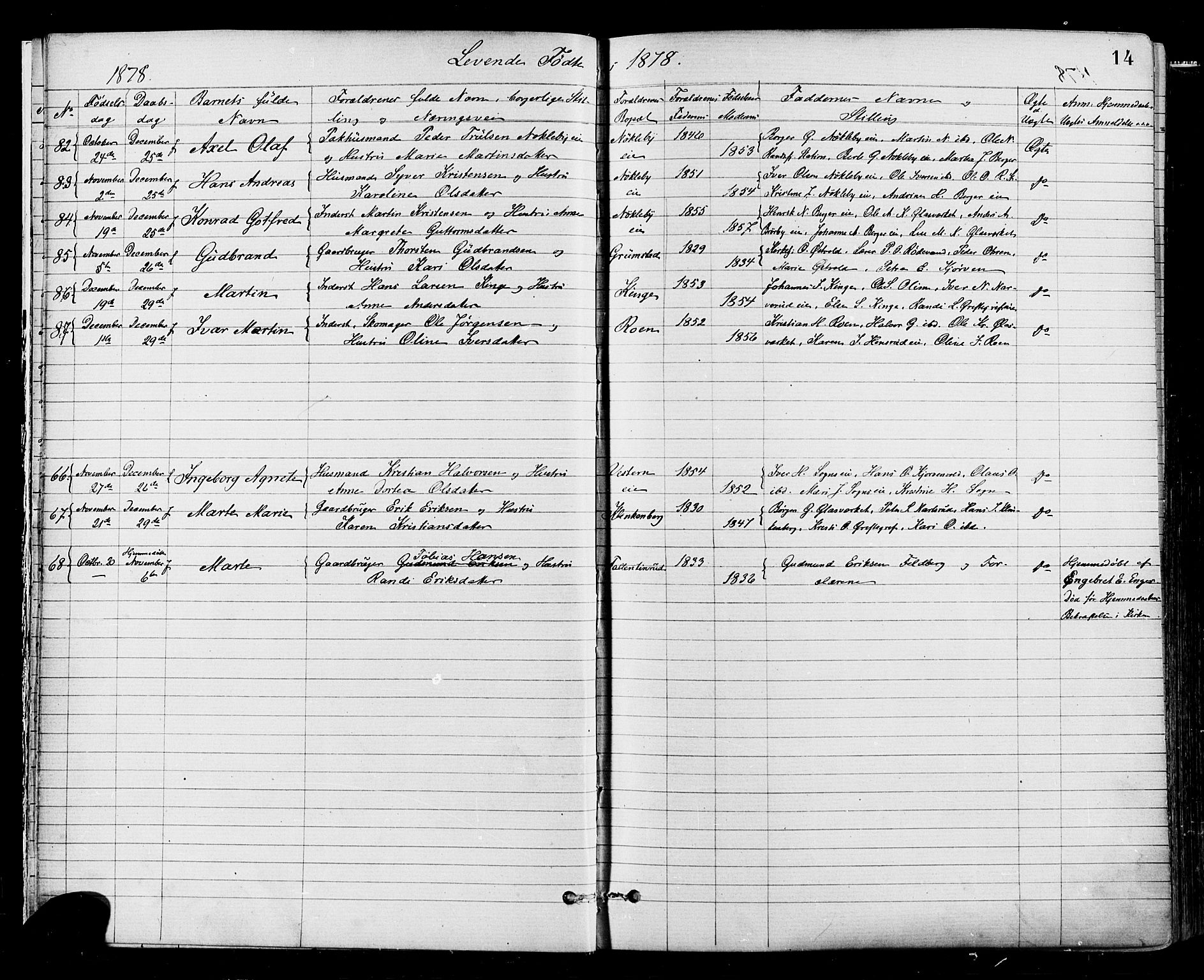 Jevnaker prestekontor, AV/SAH-PREST-116/H/Ha/Haa/L0008: Parish register (official) no. 8, 1877-1890, p. 14