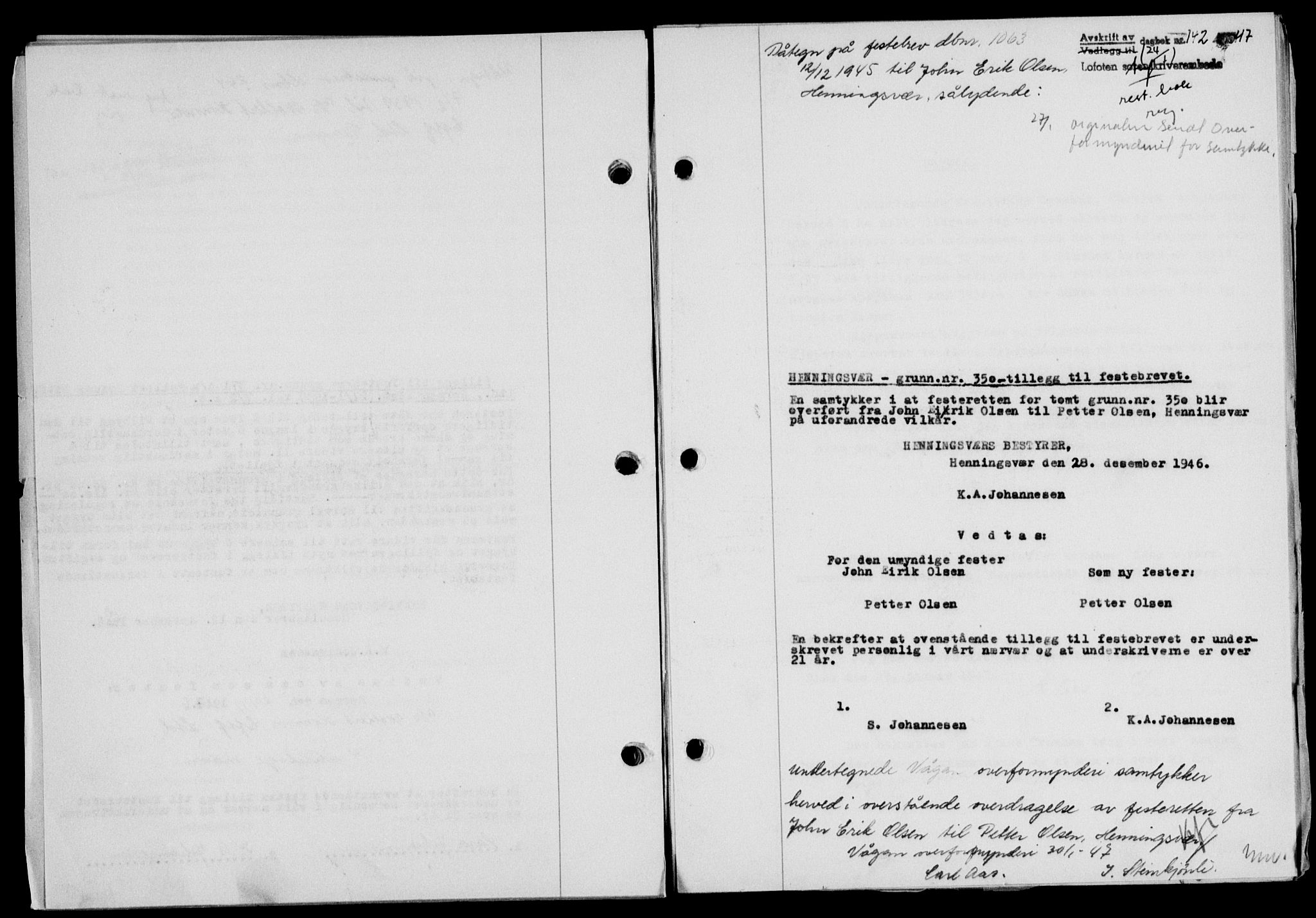 Lofoten sorenskriveri, SAT/A-0017/1/2/2C/L0015a: Mortgage book no. 15a, 1946-1947, Diary no: : 142/1947