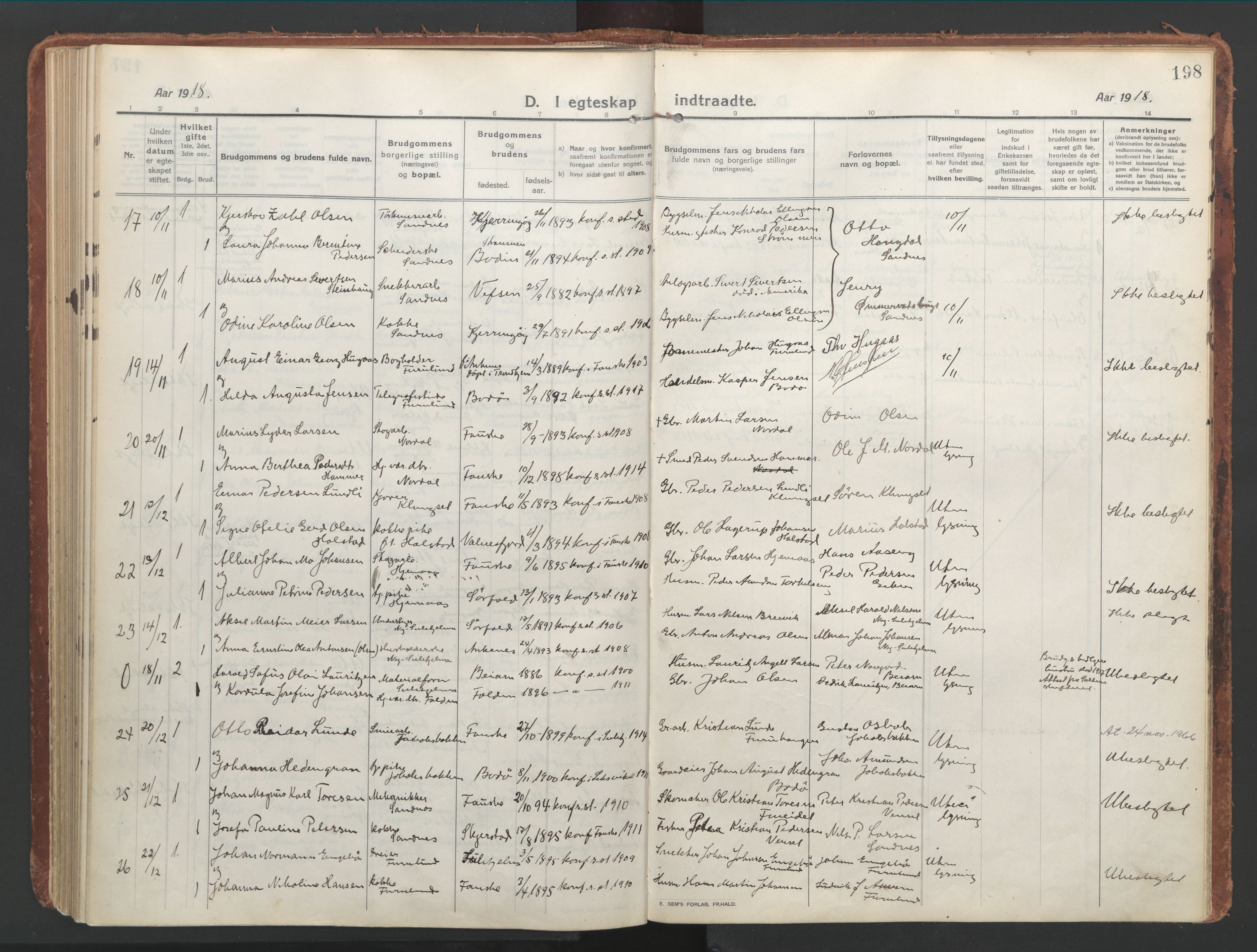 Ministerialprotokoller, klokkerbøker og fødselsregistre - Nordland, AV/SAT-A-1459/850/L0715: Curate's parish register no. 850B05, 1913-1924, p. 198