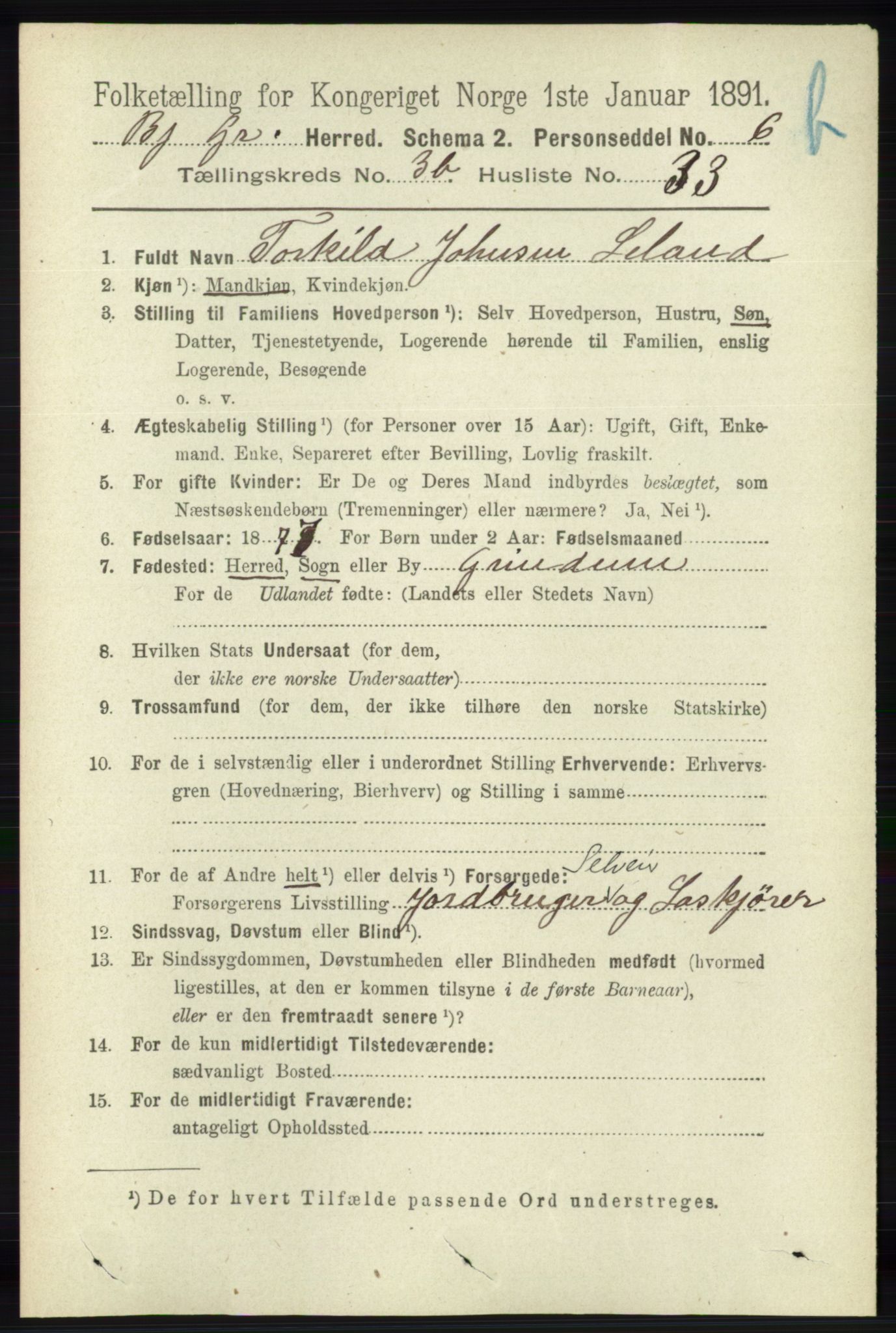 RA, 1891 census for 1024 Bjelland og Grindheim, 1891, p. 1976
