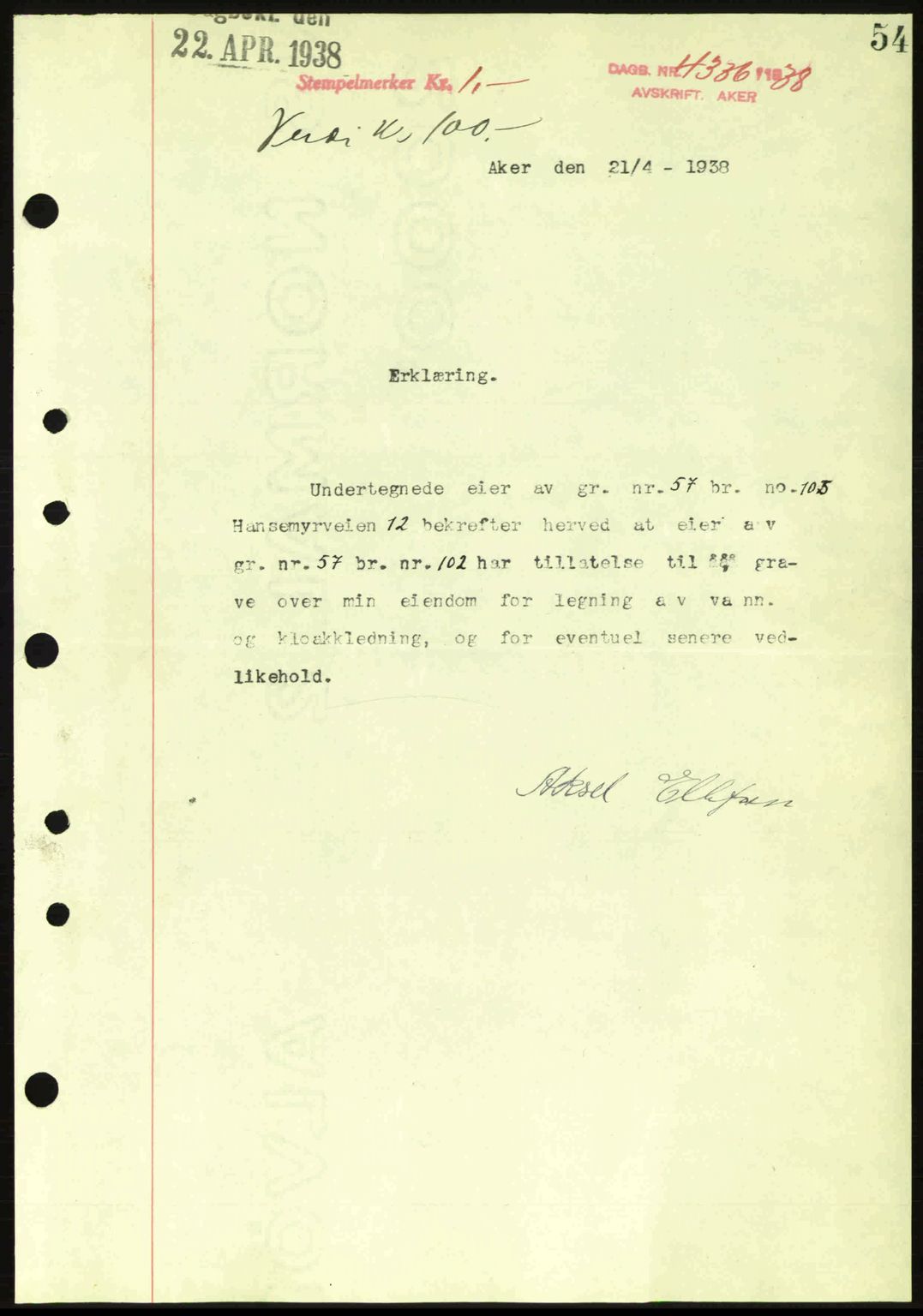 Aker herredsskriveri, AV/SAO-A-10896/G/Gb/Gba/Gbab/L0021: Mortgage book no. A151-152, 1938-1938, Diary no: : 4336/1938