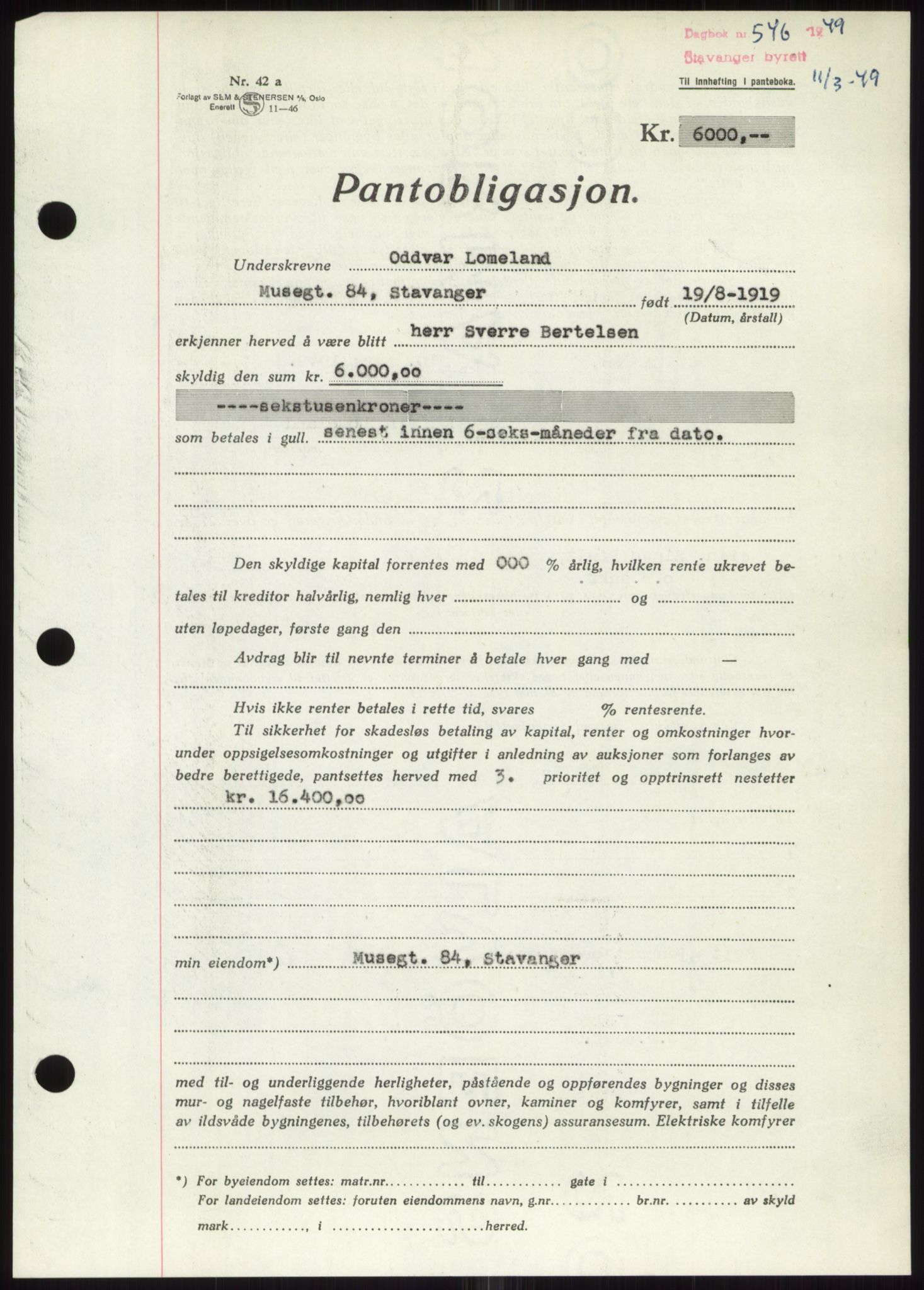 Stavanger byrett, SAST/A-100455/002/G/Gb/L0032: Mortgage book, 1947-1950, Diary no: : 546/1949