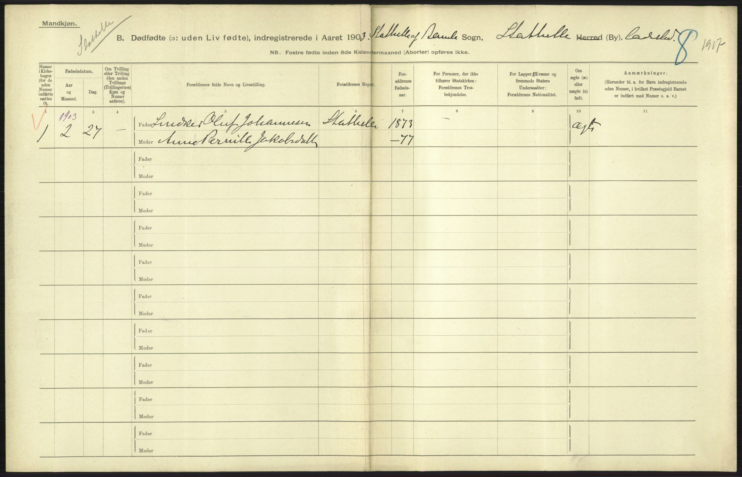 Statistisk sentralbyrå, Sosiodemografiske emner, Befolkning, RA/S-2228/D/Df/Dfa/Dfaa/L0026: Smålenenes - Finnmarkens amt: Dødfødte. Byer., 1903, p. 179