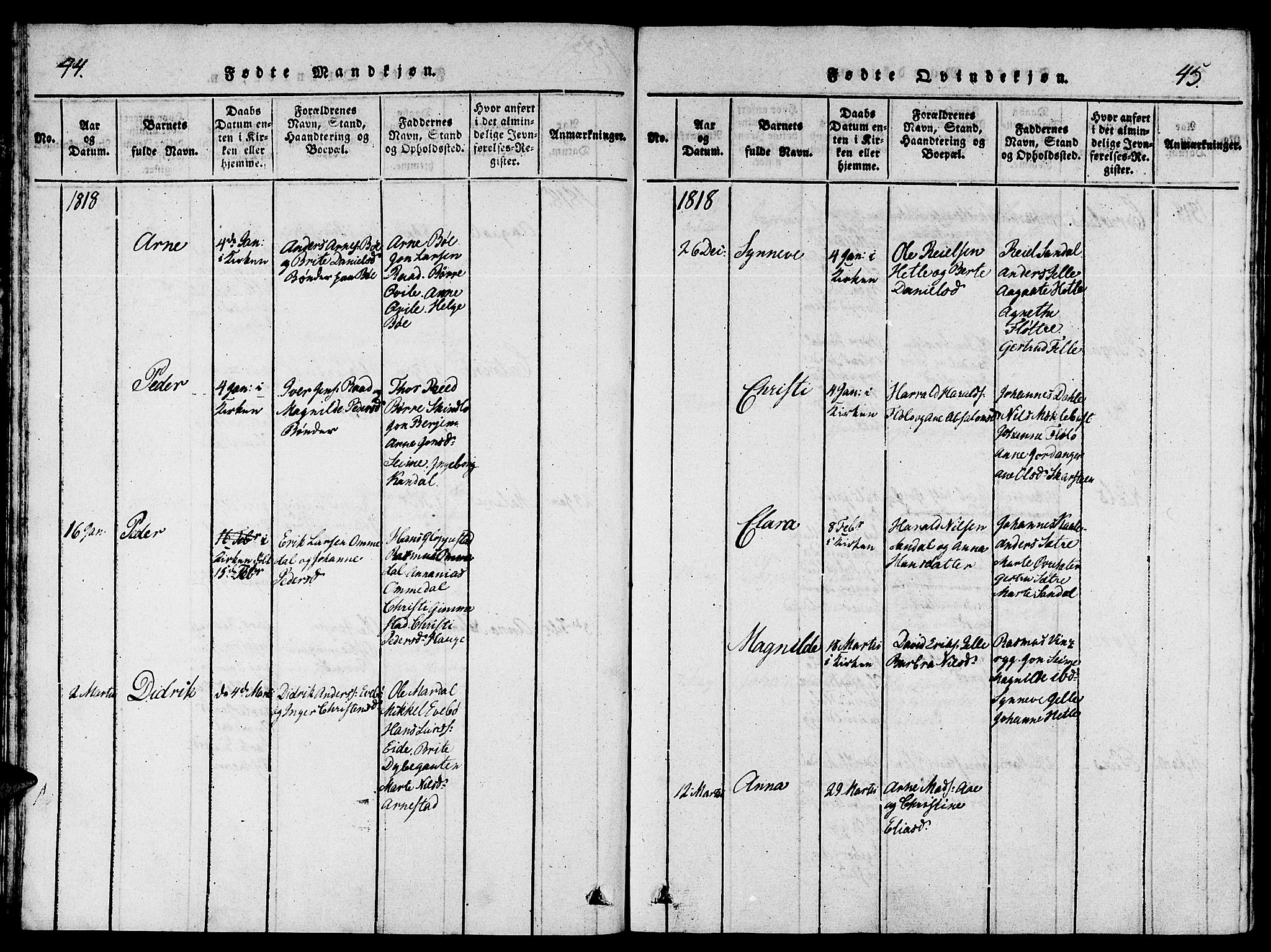Gloppen sokneprestembete, SAB/A-80101/H/Hab/Haba/L0001: Parish register (copy) no. A 1, 1816-1827, p. 44-45