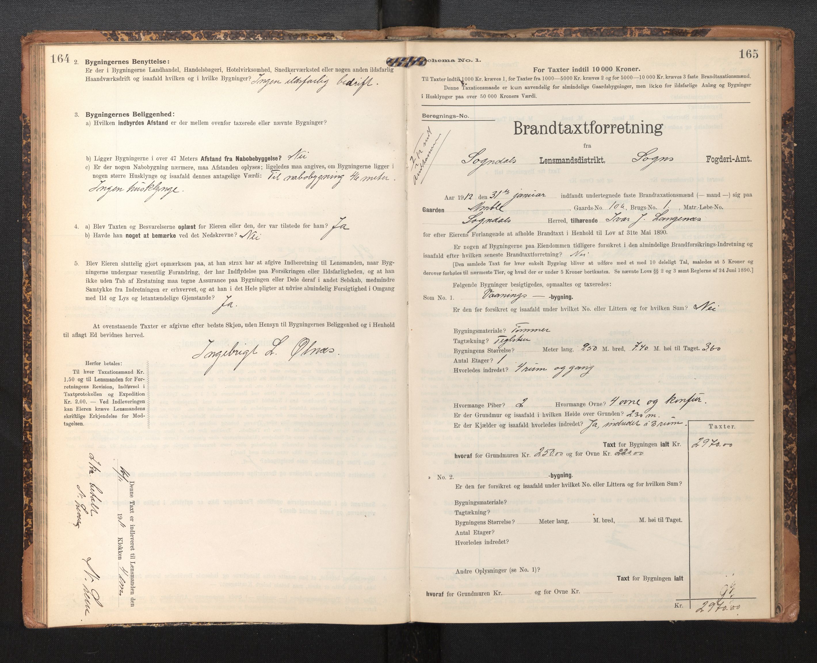 Lensmannen i Sogndal, SAB/A-29901/0012/L0010: Branntakstprotokoll, skjematakst, 1907-1914, p. 164-165