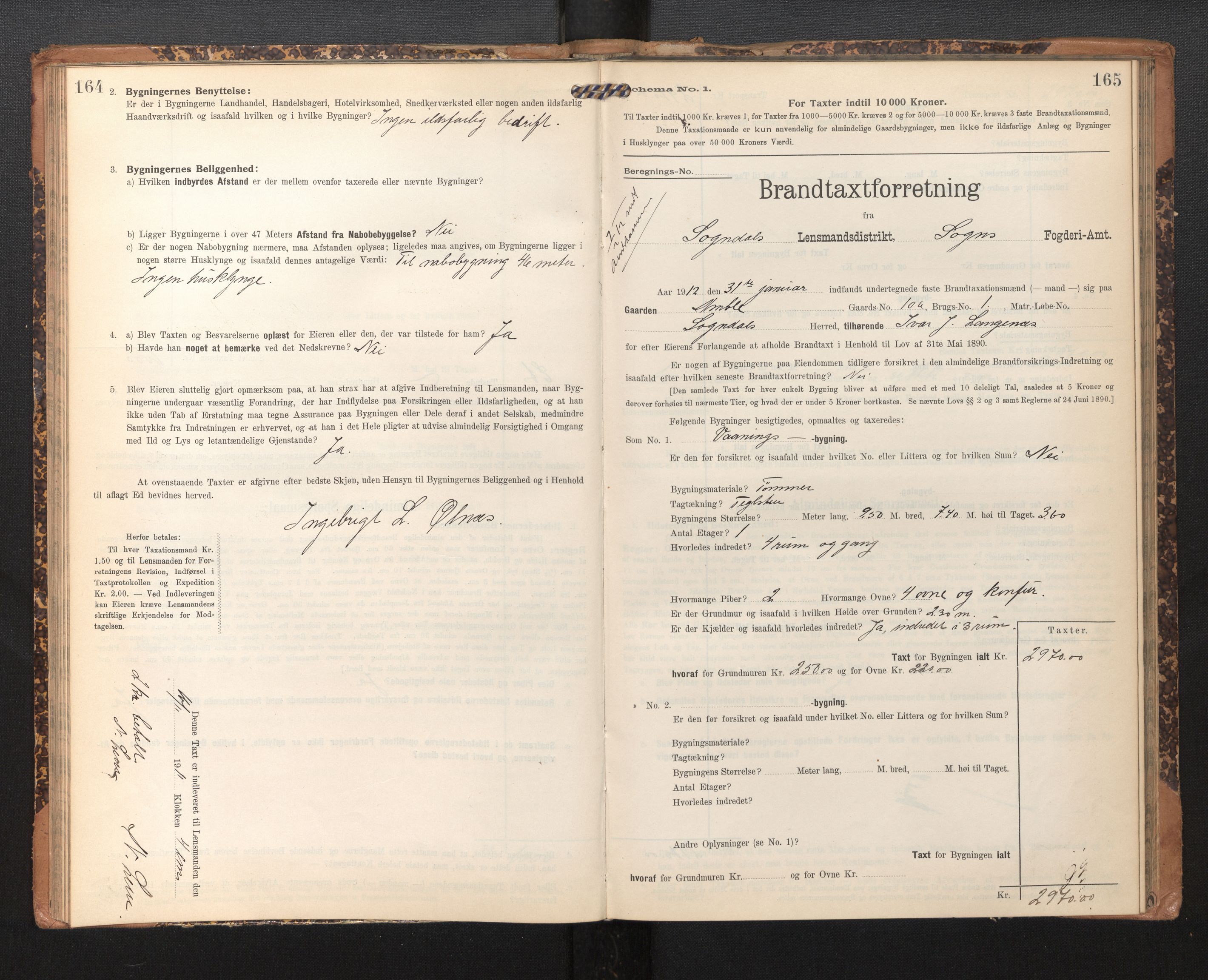 Lensmannen i Sogndal, AV/SAB-A-29901/0012/L0010: Branntakstprotokoll, skjematakst, 1907-1914, p. 164-165