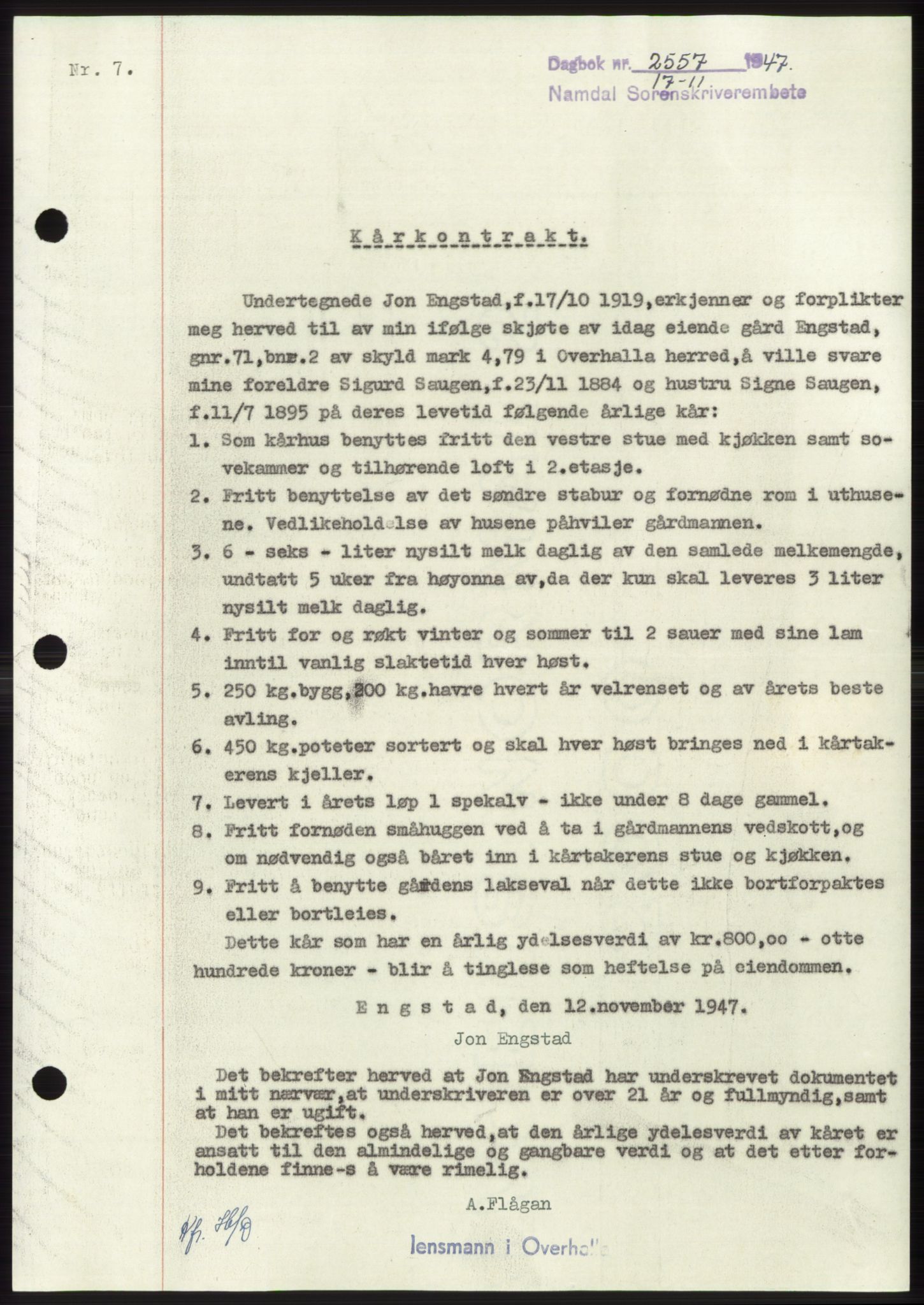 Namdal sorenskriveri, SAT/A-4133/1/2/2C: Mortgage book no. -, 1947-1948, Diary no: : 2557/1947