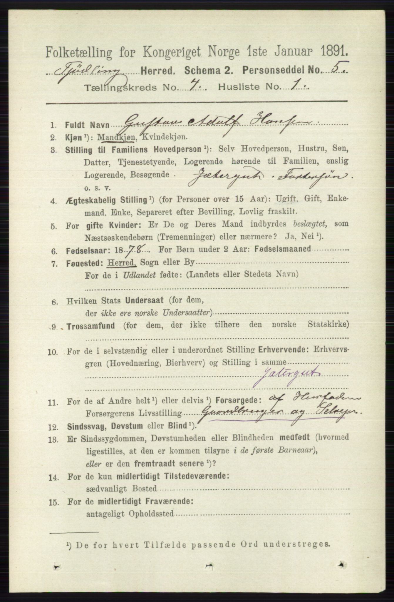 RA, 1891 census for 0725 Tjølling, 1891, p. 1444