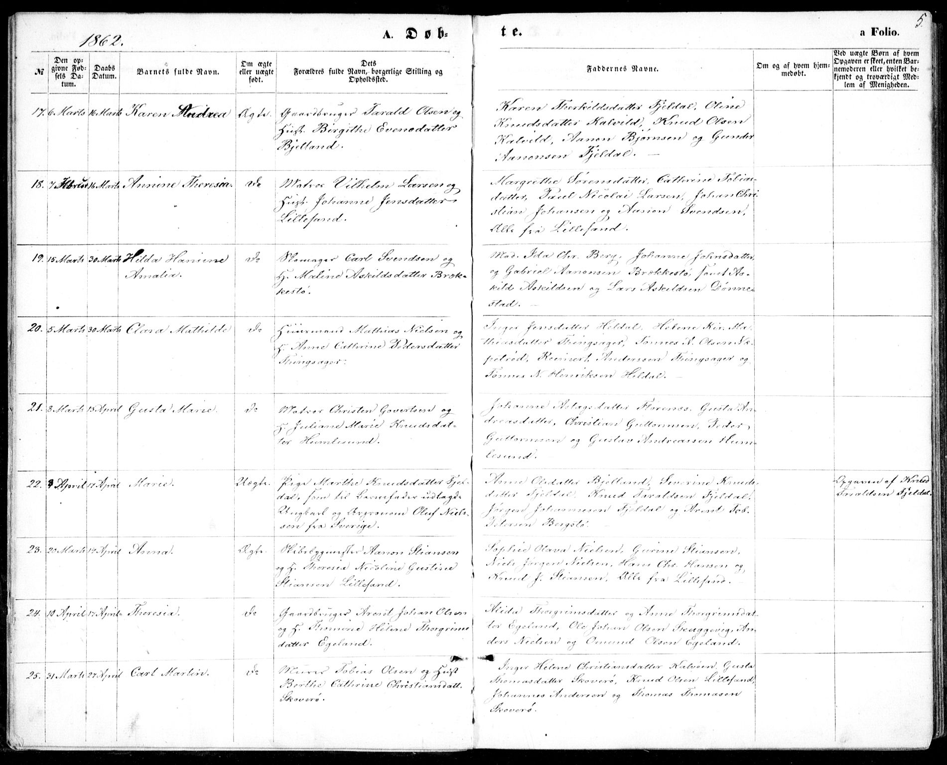 Vestre Moland sokneprestkontor, AV/SAK-1111-0046/F/Fb/Fbb/L0004: Parish register (copy) no. B 4, 1861-1872, p. 5