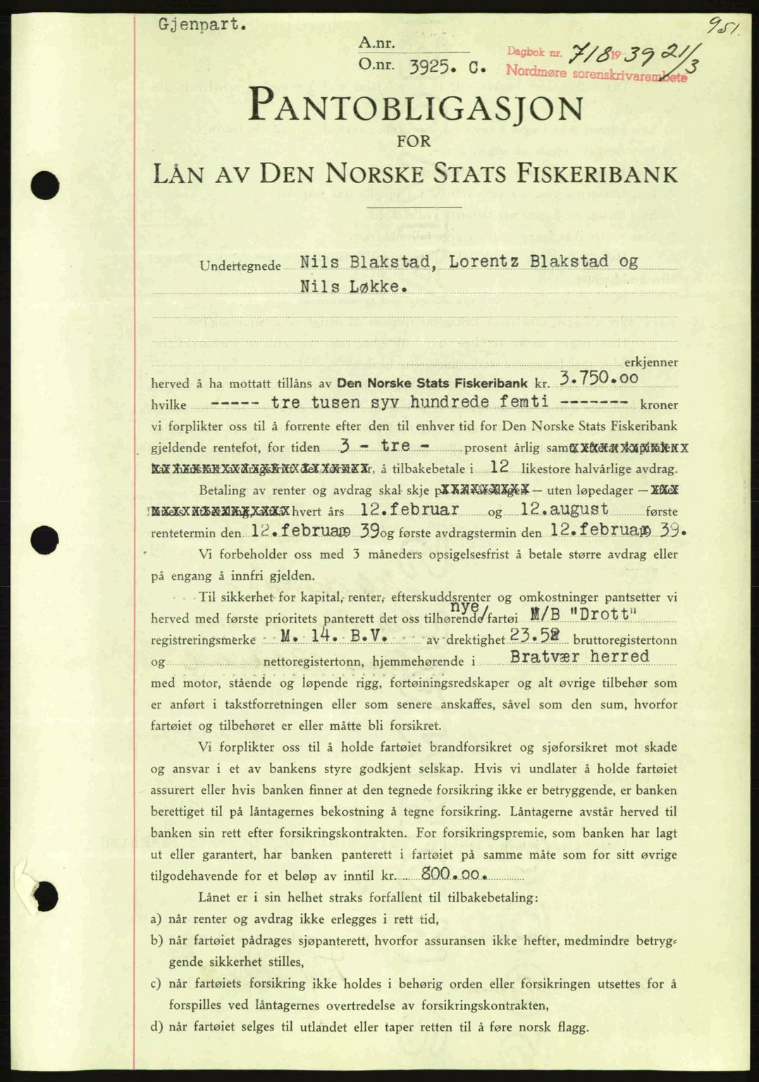 Nordmøre sorenskriveri, AV/SAT-A-4132/1/2/2Ca: Mortgage book no. B84, 1938-1939, Diary no: : 718/1939