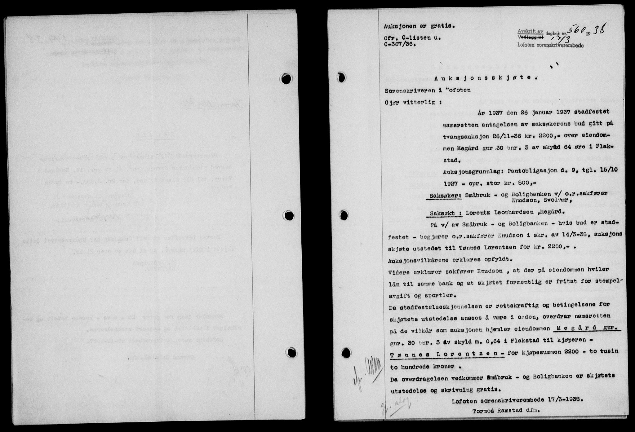 Lofoten sorenskriveri, SAT/A-0017/1/2/2C/L0003a: Mortgage book no. 3a, 1937-1938, Diary no: : 560/1938
