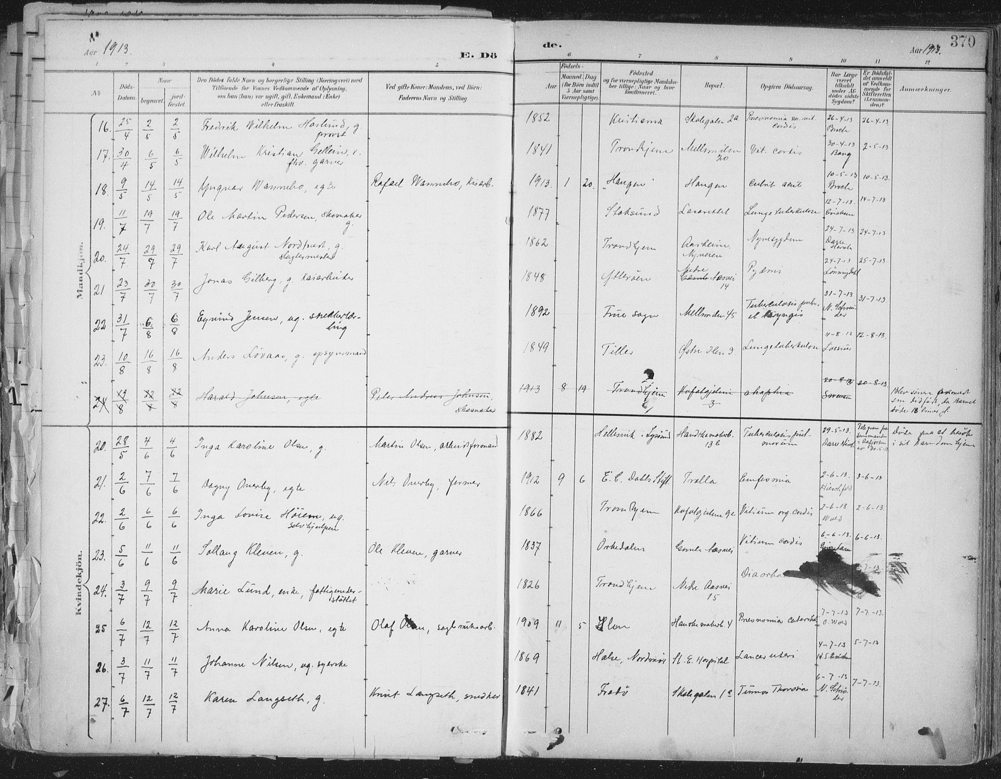 Ministerialprotokoller, klokkerbøker og fødselsregistre - Sør-Trøndelag, SAT/A-1456/603/L0167: Parish register (official) no. 603A06, 1896-1932, p. 370