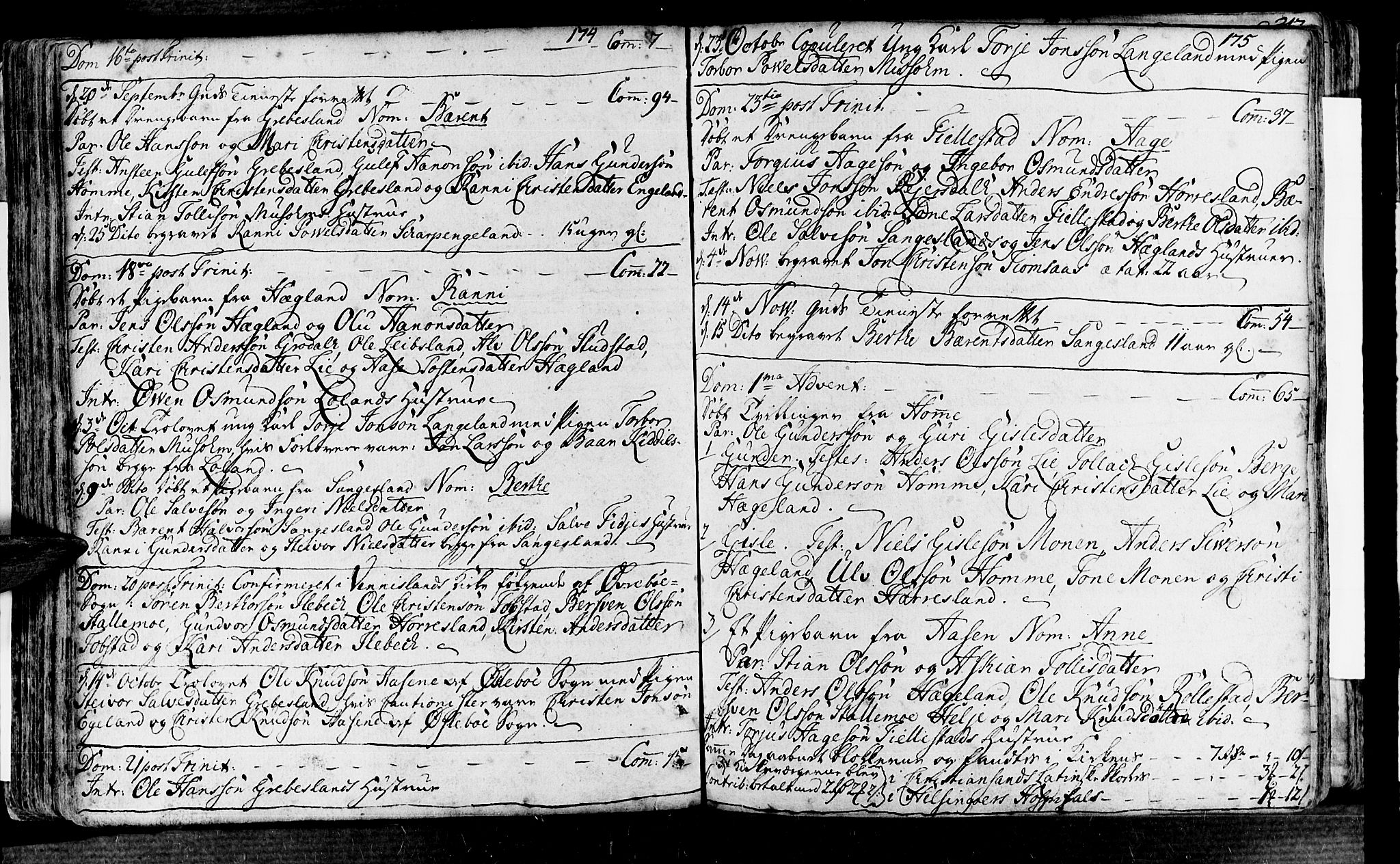 Vennesla sokneprestkontor, AV/SAK-1111-0045/Fa/Fac/L0001: Parish register (official) no. A 1, 1743-1784, p. 174-175