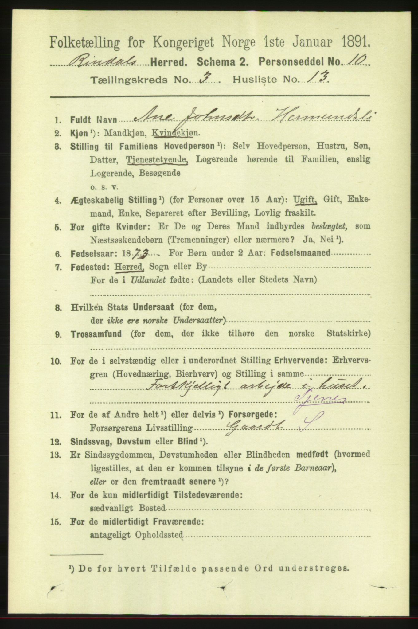 RA, 1891 census for 1567 Rindal, 1891, p. 798