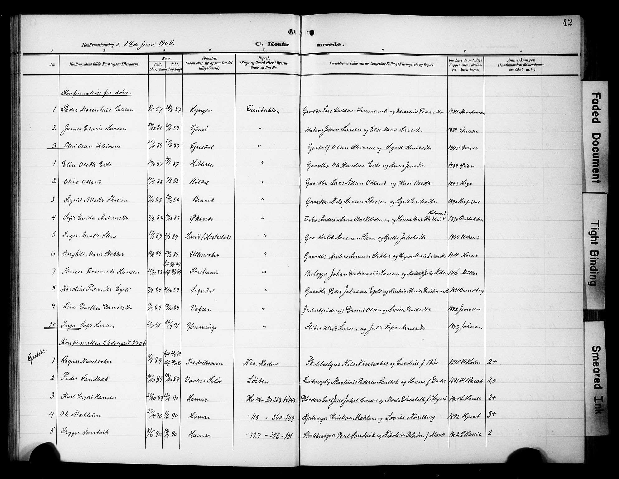 Hamar prestekontor, SAH/DOMPH-002/H/Ha/Hab/L0002: Parish register (copy) no. 2, 1899-1929, p. 42