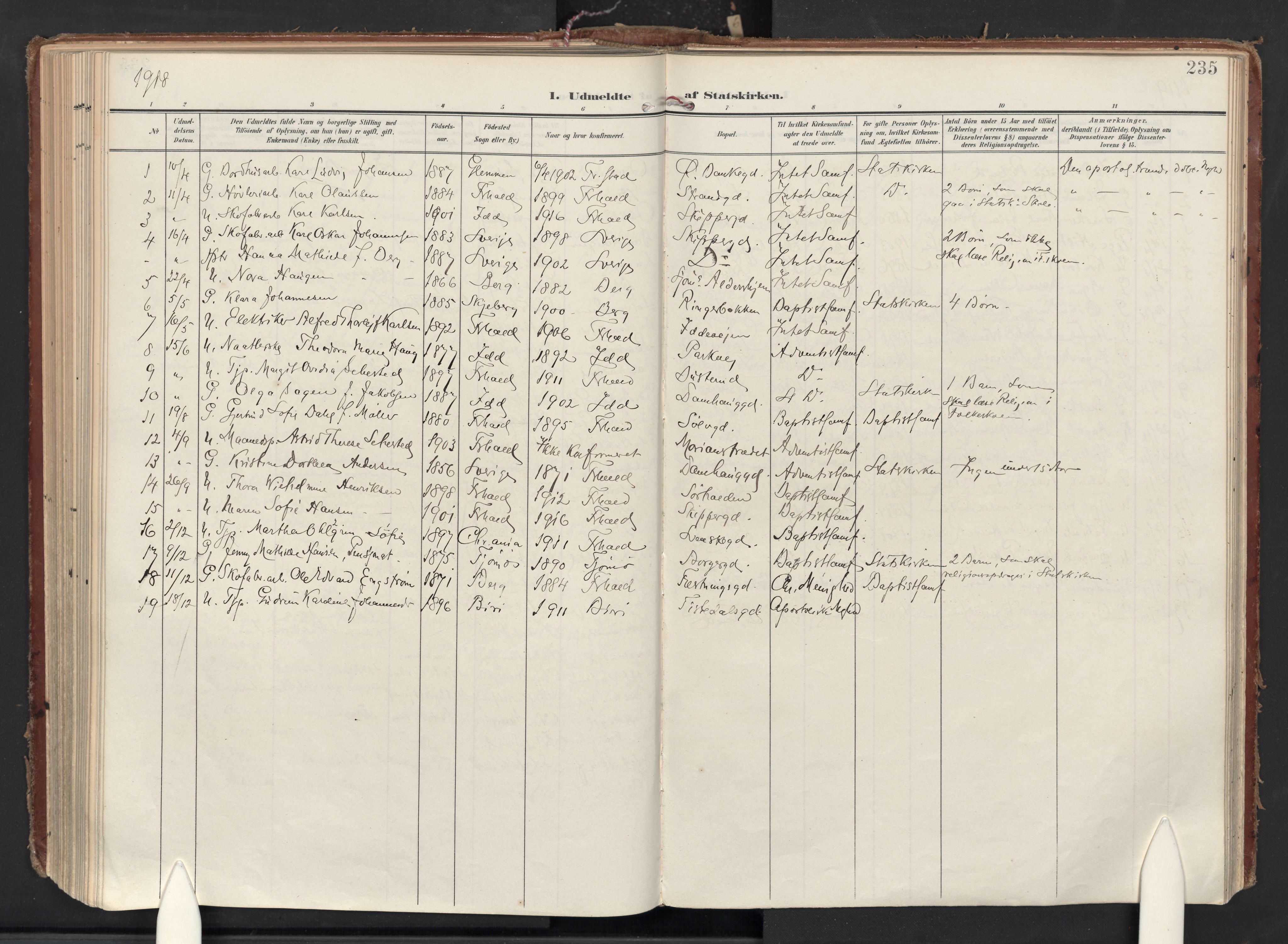 Halden prestekontor Kirkebøker, AV/SAO-A-10909/F/Fa/L0016: Parish register (official) no. I 16, 1907-1925, p. 235