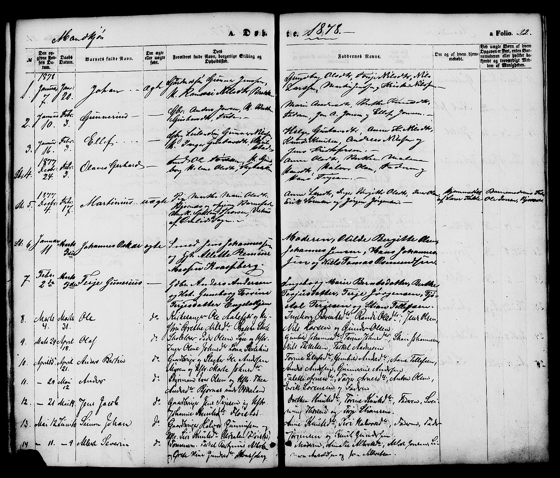 Austre Moland sokneprestkontor, SAK/1111-0001/F/Fa/Faa/L0009: Parish register (official) no. A 9, 1869-1879, p. 22