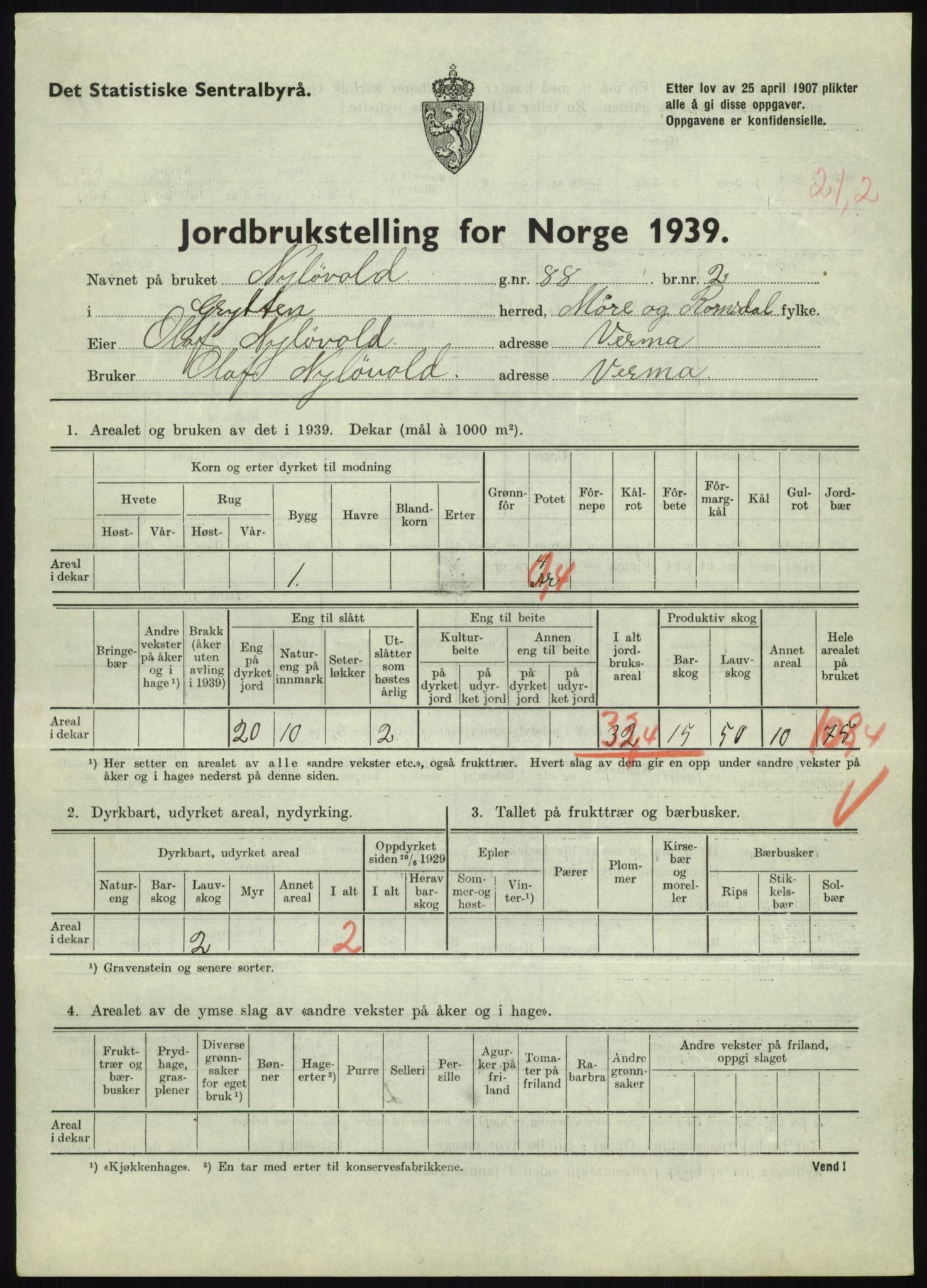 Statistisk sentralbyrå, Næringsøkonomiske emner, Jordbruk, skogbruk, jakt, fiske og fangst, AV/RA-S-2234/G/Gb/L0251: Møre og Romsdal: Voll, Eid, Grytten og Hen, 1939, p. 699