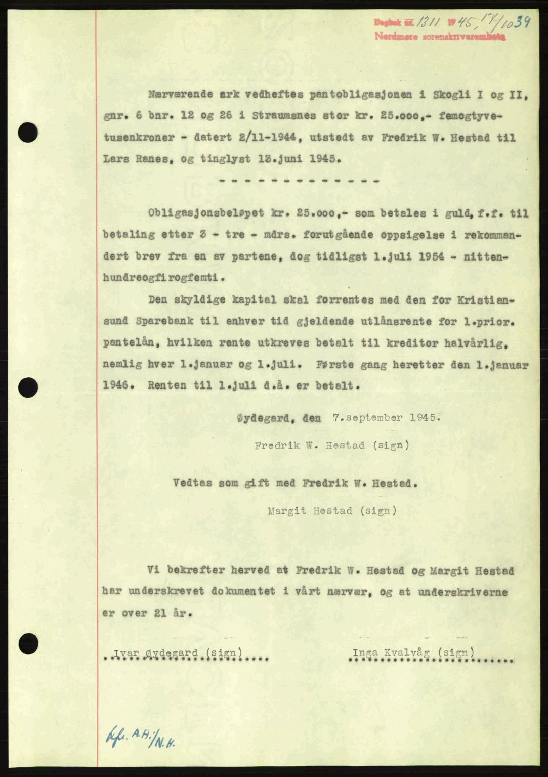 Nordmøre sorenskriveri, AV/SAT-A-4132/1/2/2Ca: Mortgage book no. B93a, 1945-1945, Diary no: : 1311/1945