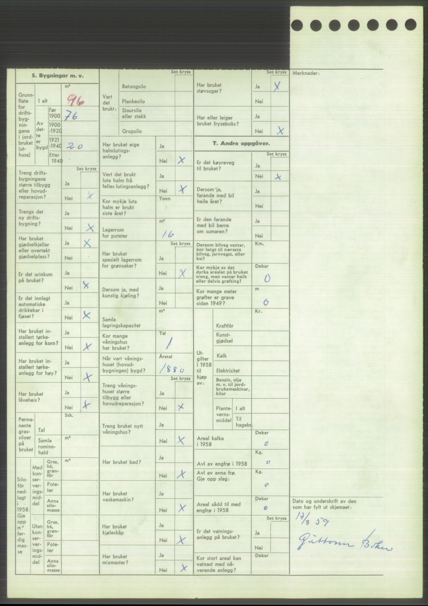 Statistisk sentralbyrå, Næringsøkonomiske emner, Jordbruk, skogbruk, jakt, fiske og fangst, AV/RA-S-2234/G/Gd/L0373: Rogaland: 1130 Strand (kl. 1-2), 1131 Årdal og 1132 Fister, 1959, p. 1866