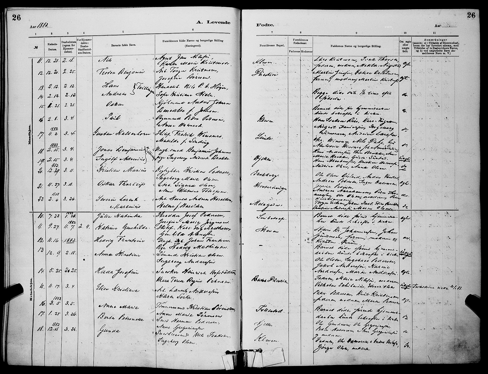Skien kirkebøker, SAKO/A-302/G/Ga/L0006: Parish register (copy) no. 6, 1881-1890, p. 26