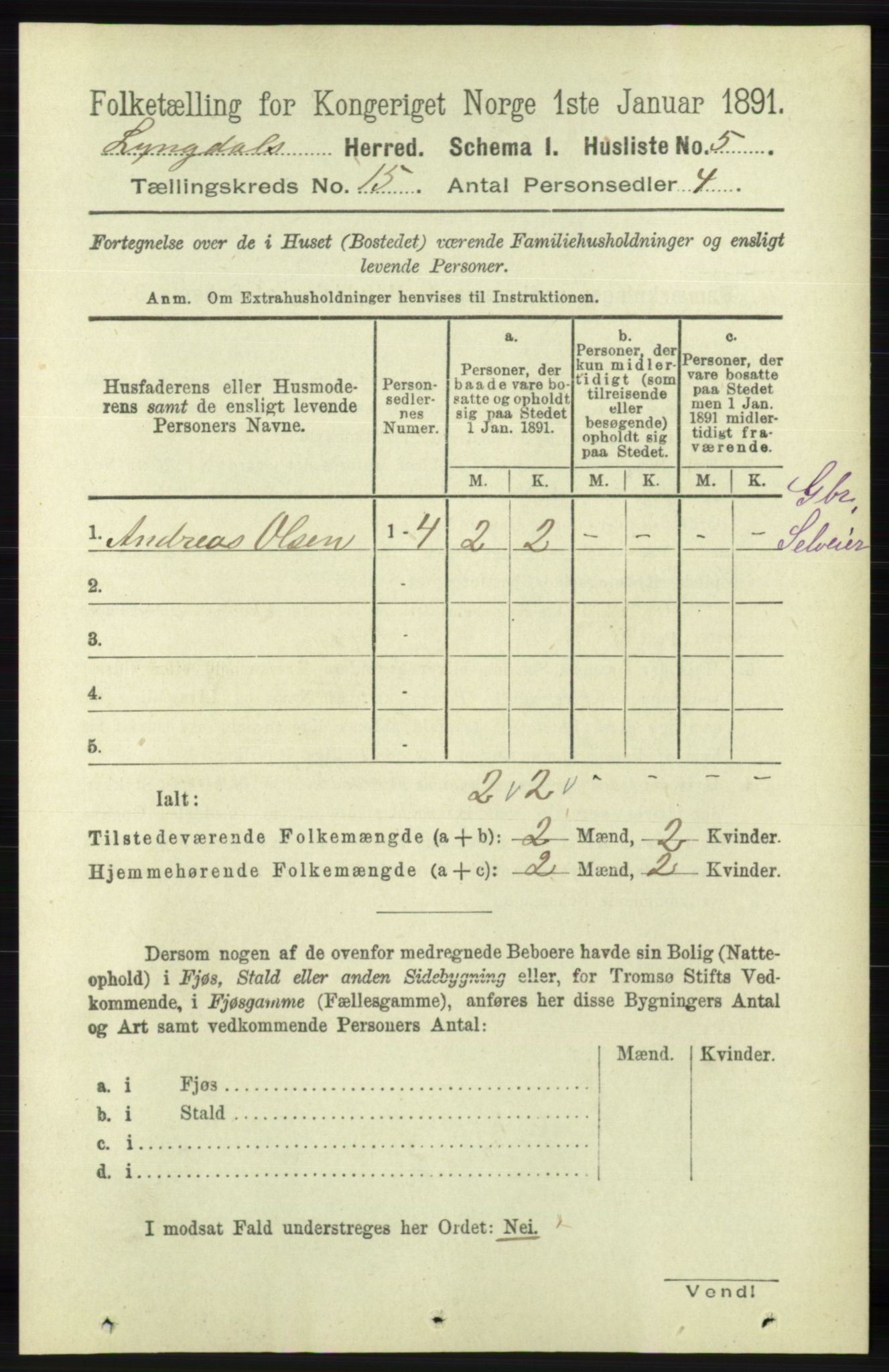 RA, 1891 census for 1032 Lyngdal, 1891, p. 6025