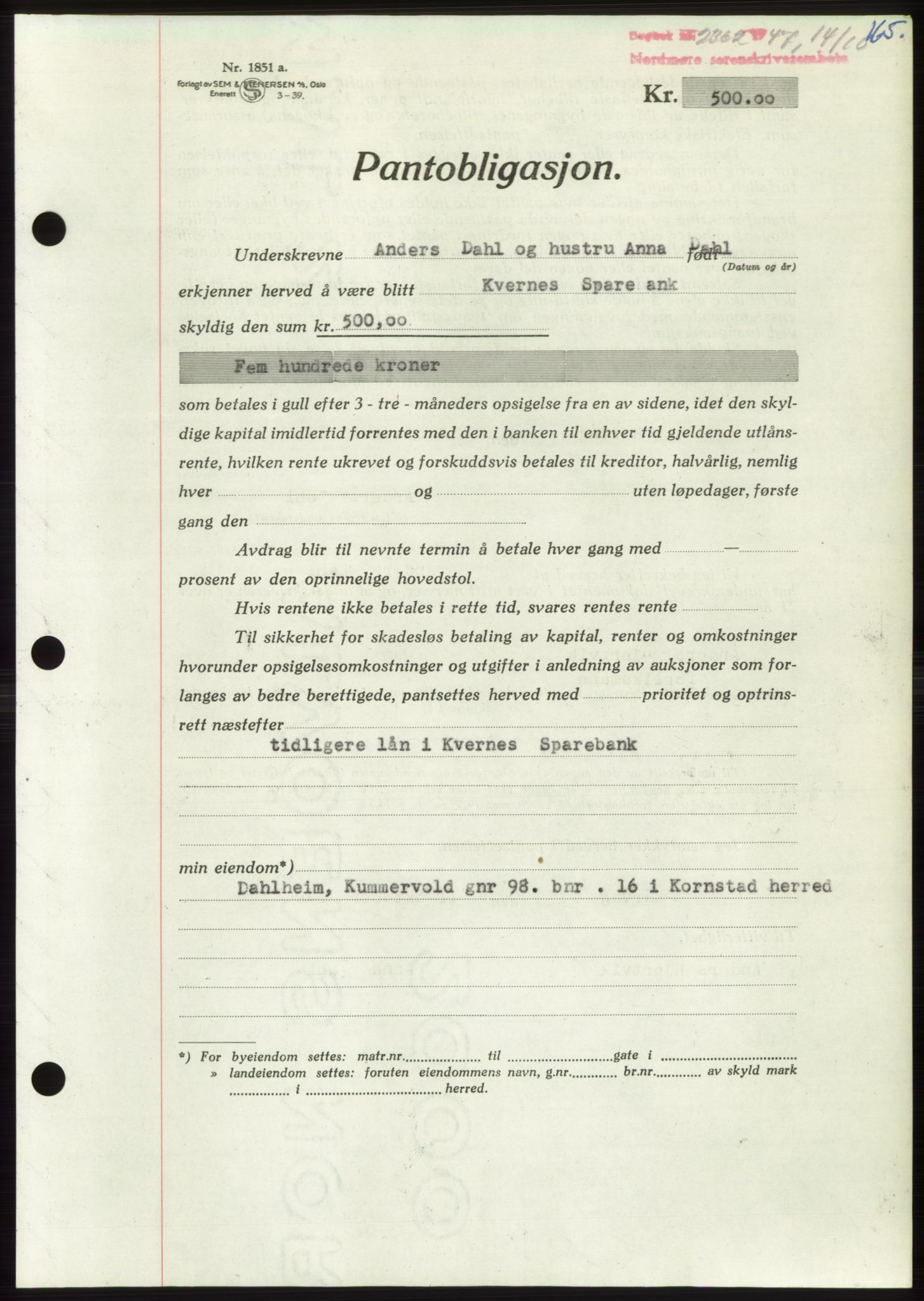 Nordmøre sorenskriveri, AV/SAT-A-4132/1/2/2Ca: Mortgage book no. B97, 1947-1948, Diary no: : 2362/1947