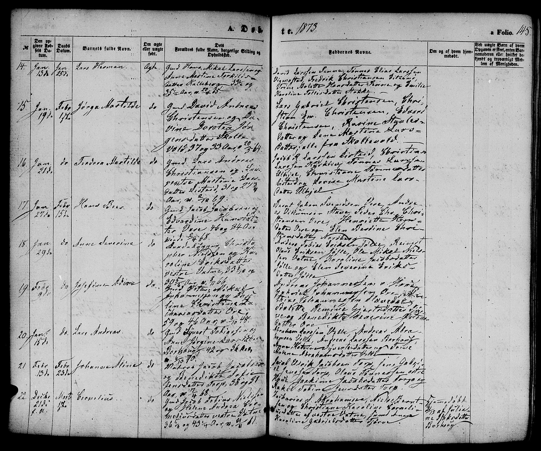 Lista sokneprestkontor, AV/SAK-1111-0027/F/Fb/L0003: Parish register (copy) no. B 3, 1862-1877, p. 145