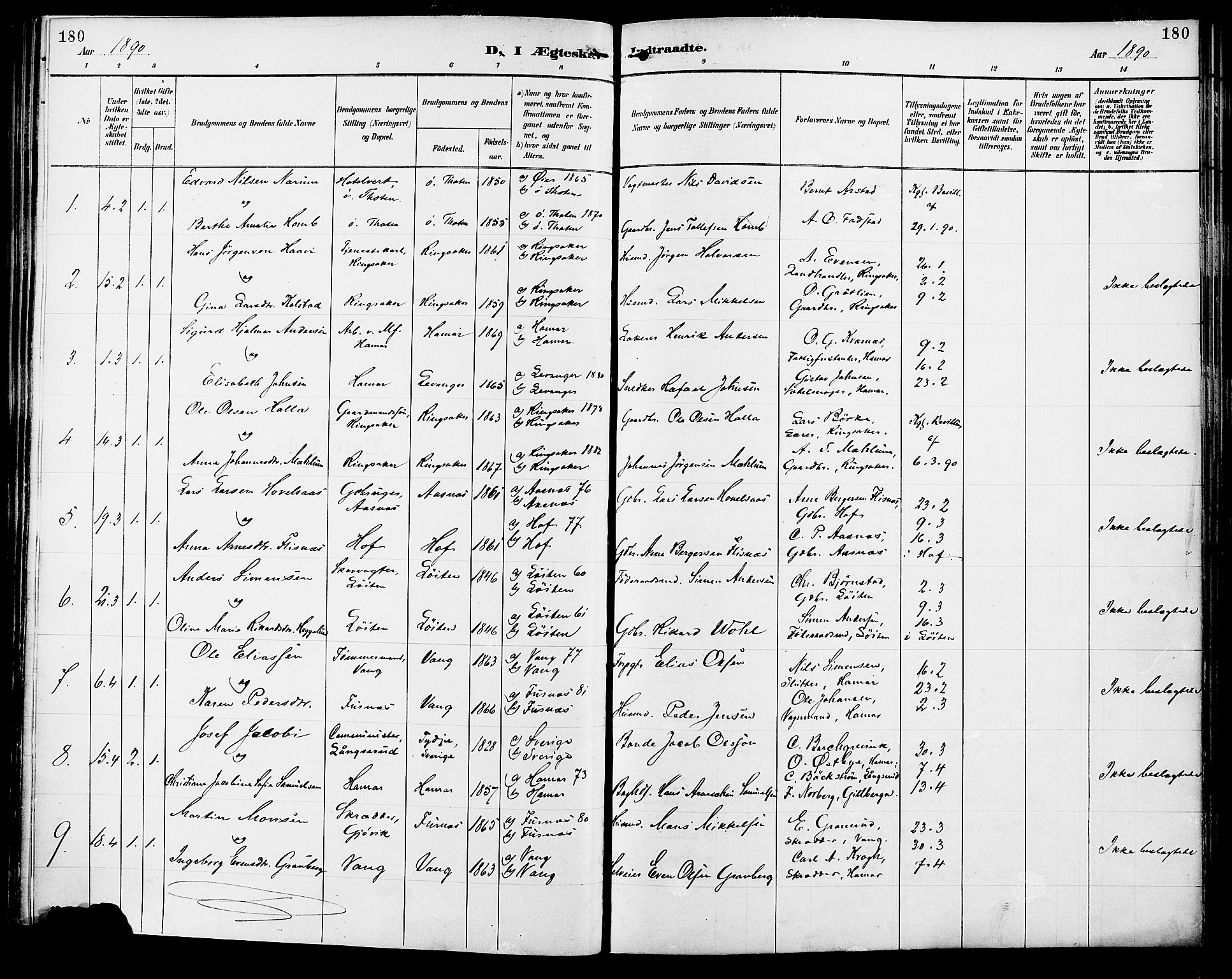 Vang prestekontor, Hedmark, SAH/PREST-008/H/Ha/Haa/L0017: Parish register (official) no. 17, 1890-1899, p. 180