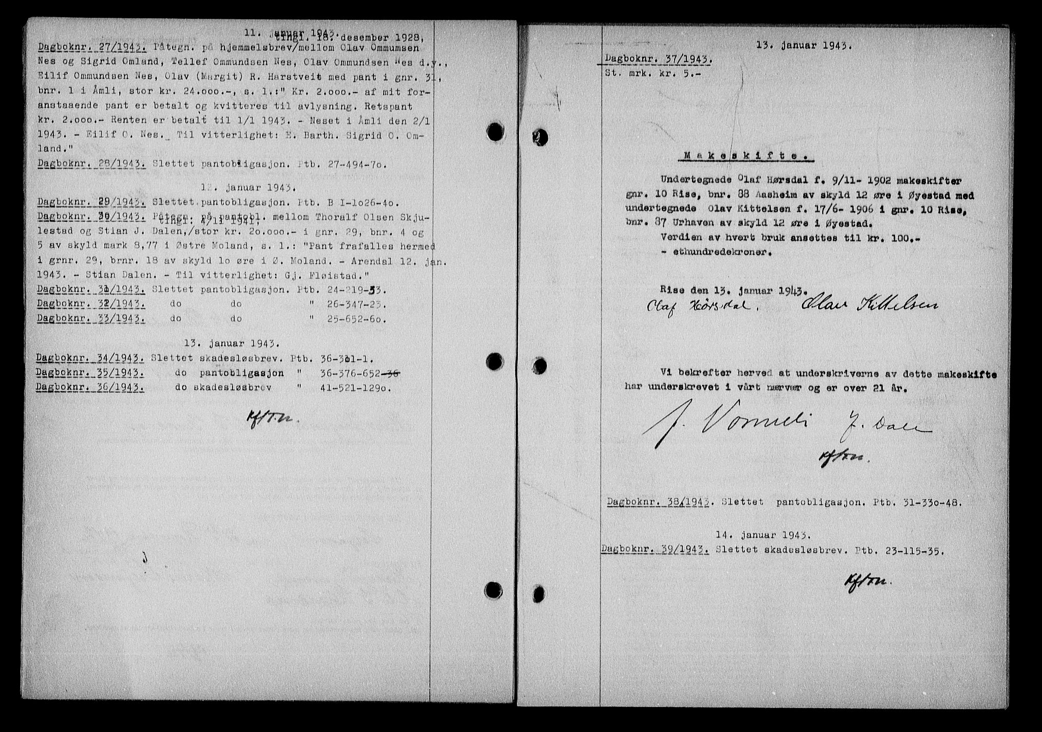 Nedenes sorenskriveri, SAK/1221-0006/G/Gb/Gba/L0050: Mortgage book no. A-IV, 1942-1943, Diary no: : 27/1943