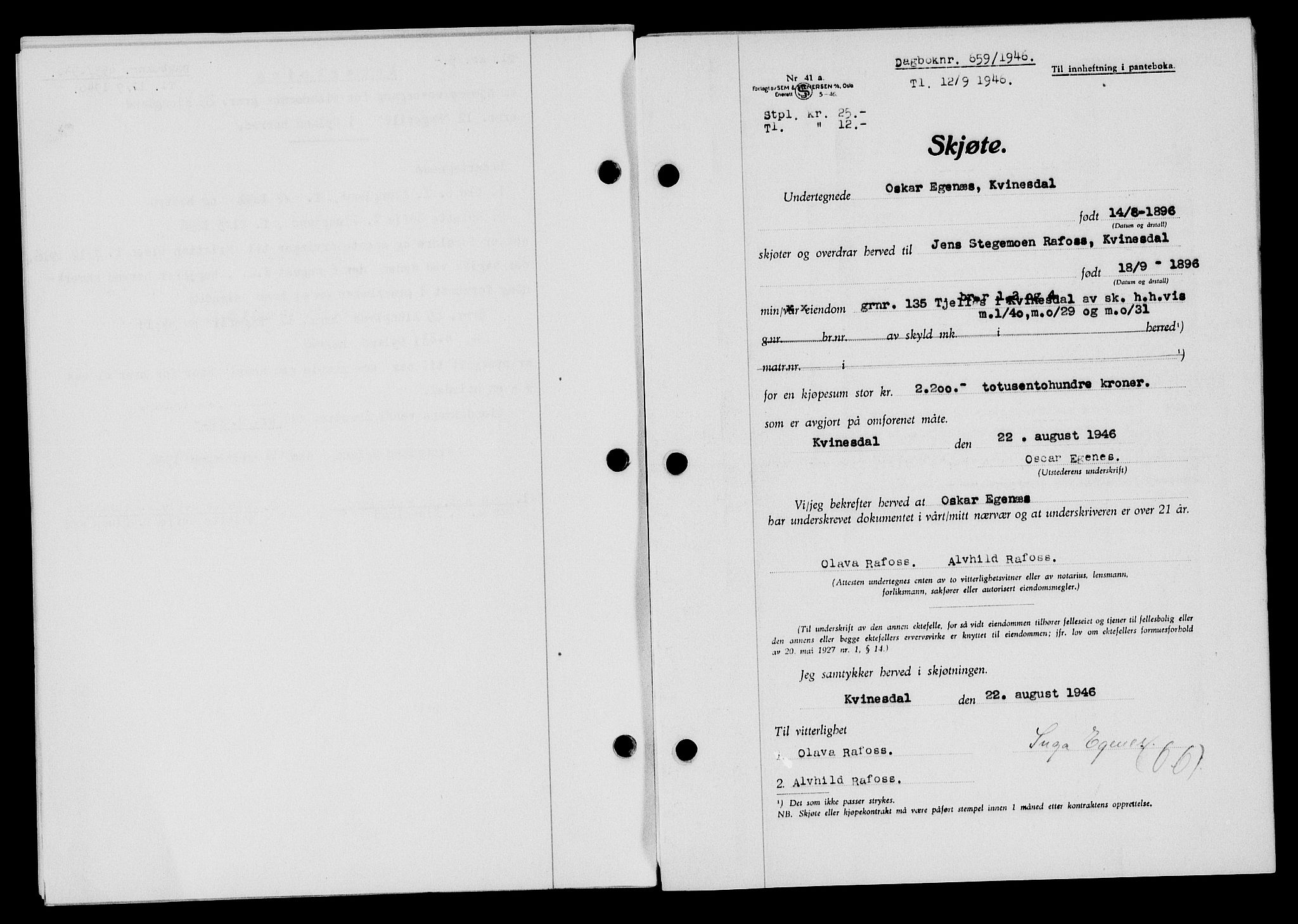 Flekkefjord sorenskriveri, SAK/1221-0001/G/Gb/Gba/L0060: Mortgage book no. A-8, 1945-1946, Diary no: : 659/1946