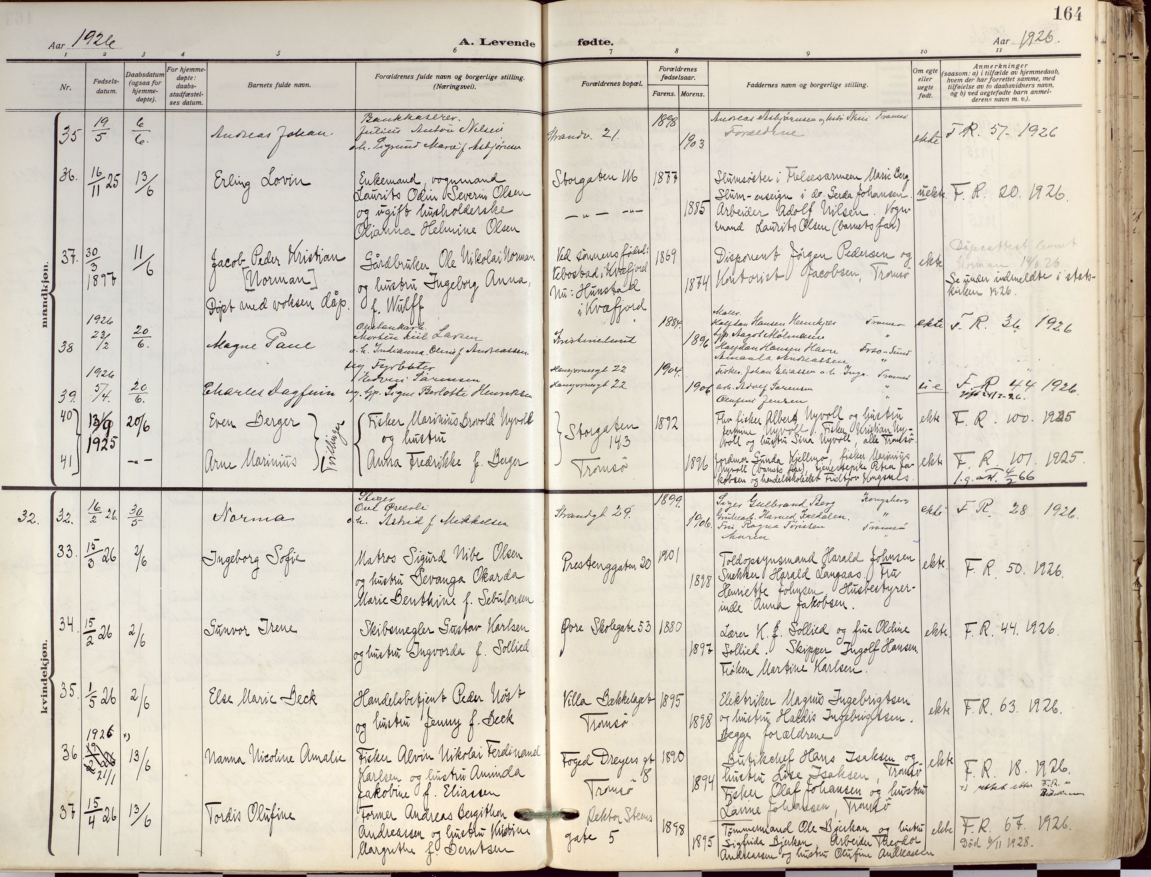 Tromsø sokneprestkontor/stiftsprosti/domprosti, AV/SATØ-S-1343/G/Ga/L0019kirke: Parish register (official) no. 19, 1917-1927, p. 164