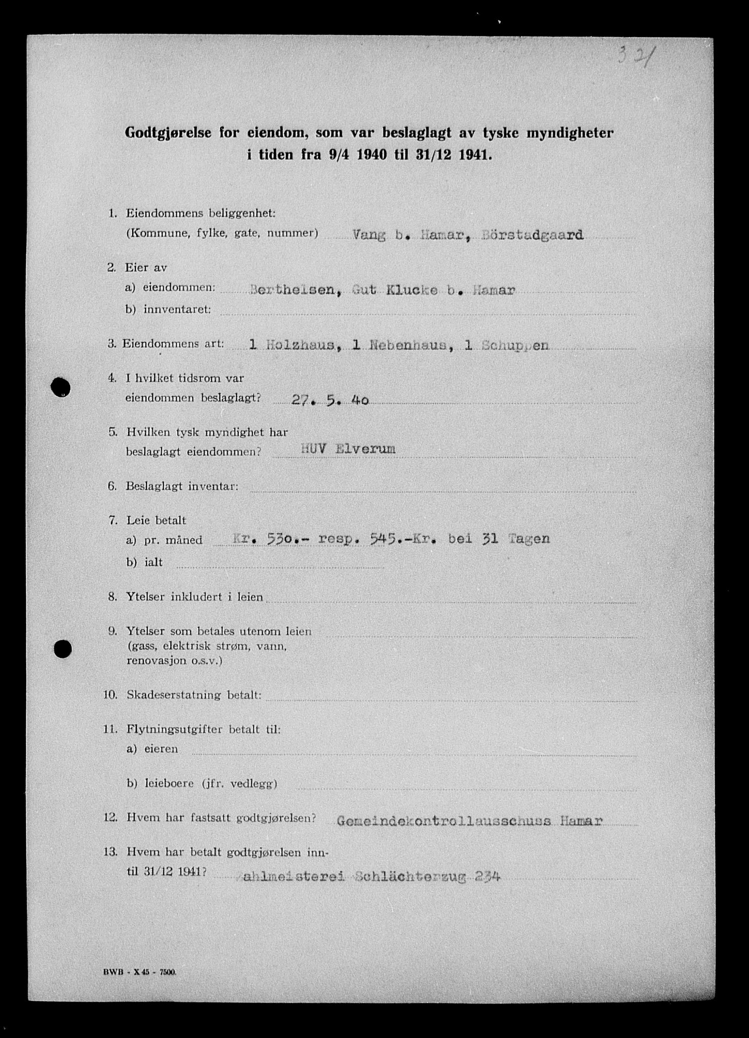 Justisdepartementet, Tilbakeføringskontoret for inndratte formuer, AV/RA-S-1564/I/L1012: Godtgjørelse for beslaglagt eiendom, 1940-1941, p. 113