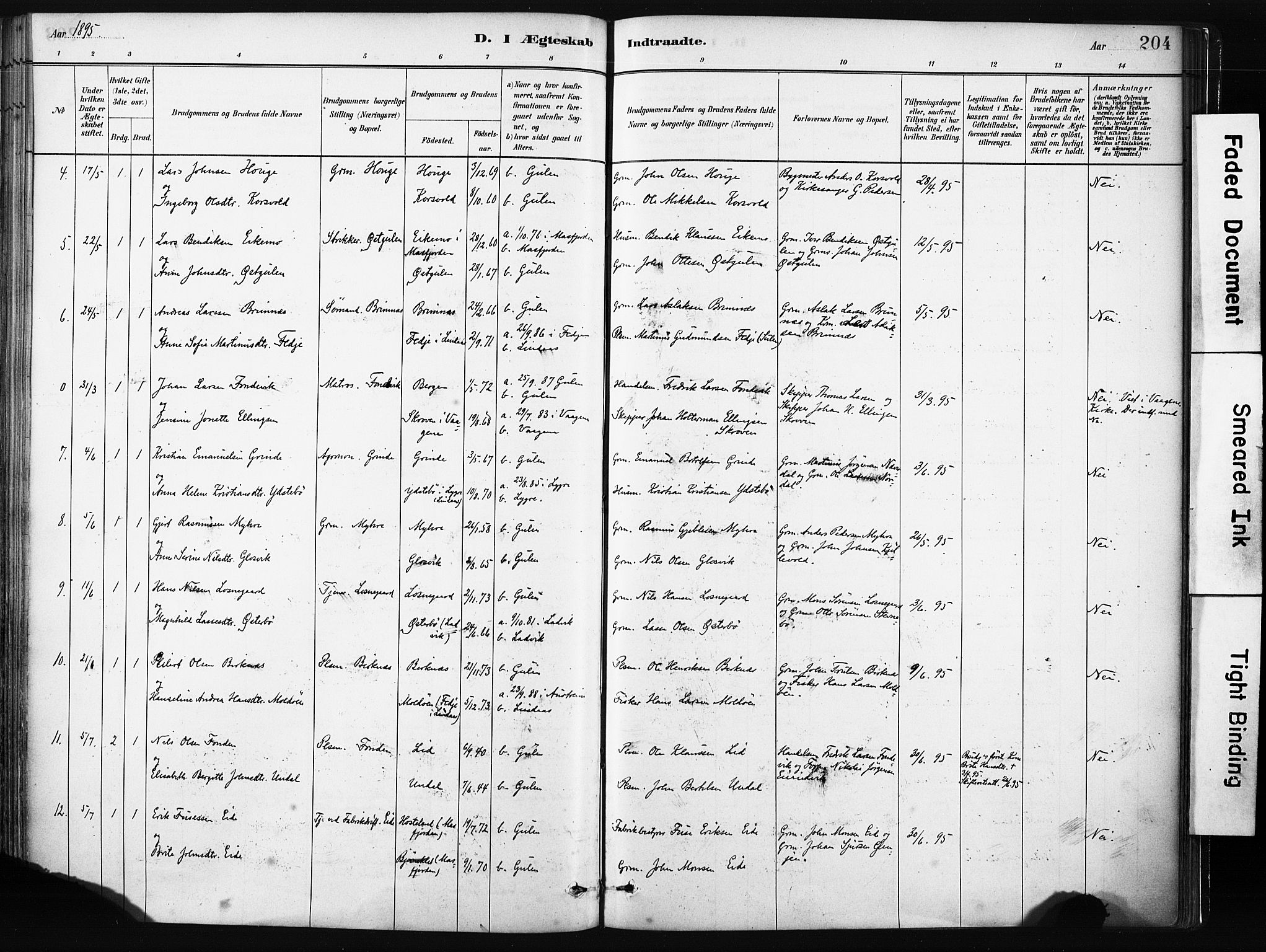 Gulen sokneprestembete, AV/SAB-A-80201/H/Haa/Haab/L0001: Parish register (official) no. B 1, 1881-1905, p. 204