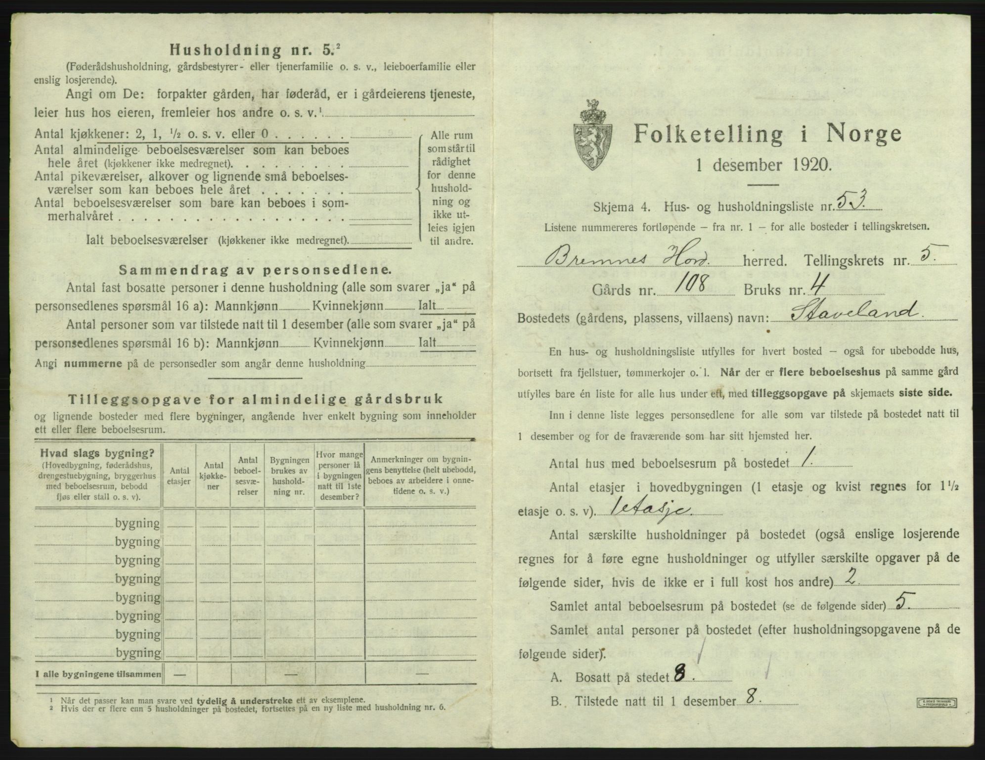 SAB, 1920 census for Bremnes, 1920, p. 359