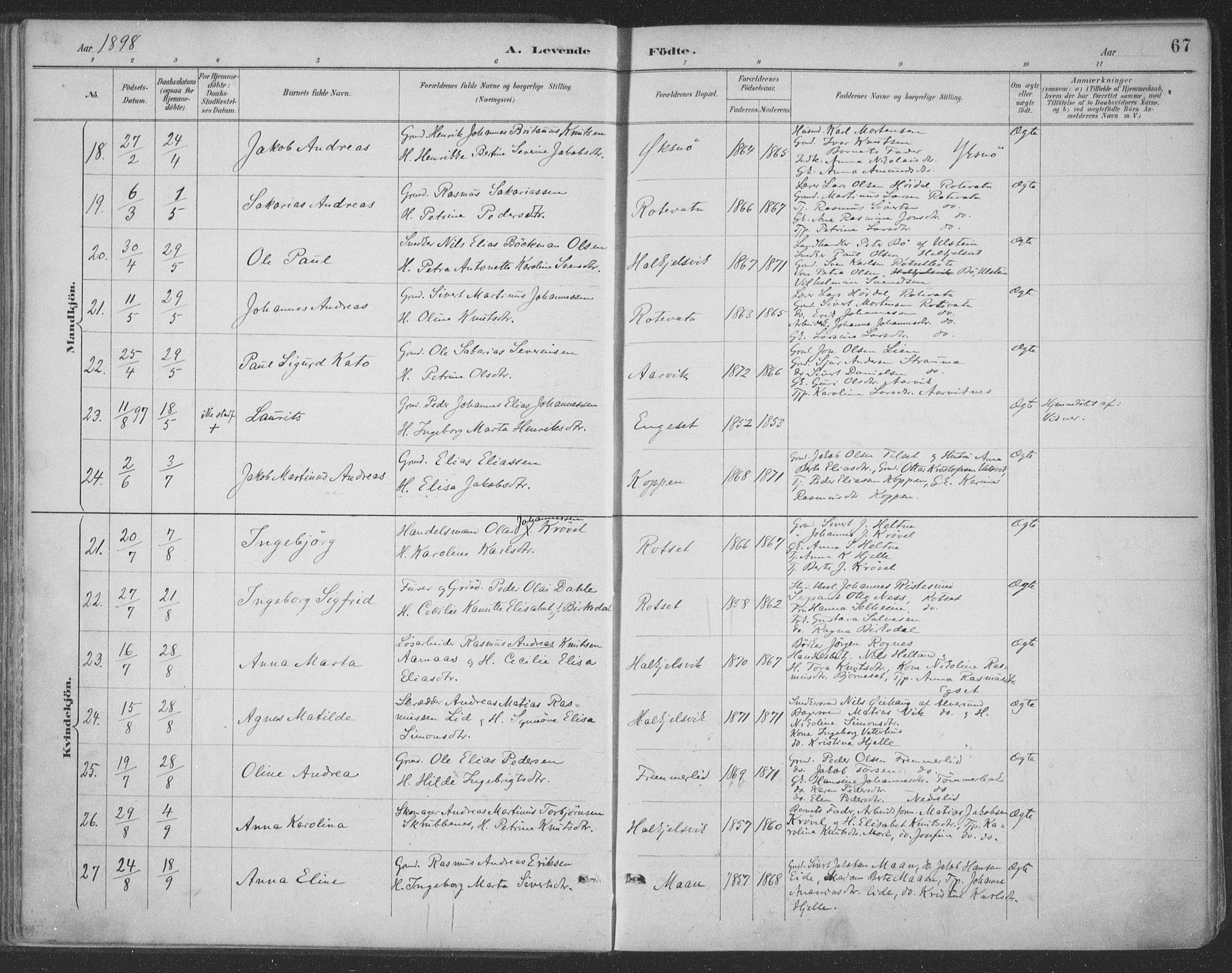 Ministerialprotokoller, klokkerbøker og fødselsregistre - Møre og Romsdal, AV/SAT-A-1454/511/L0142: Parish register (official) no. 511A09, 1891-1905, p. 67