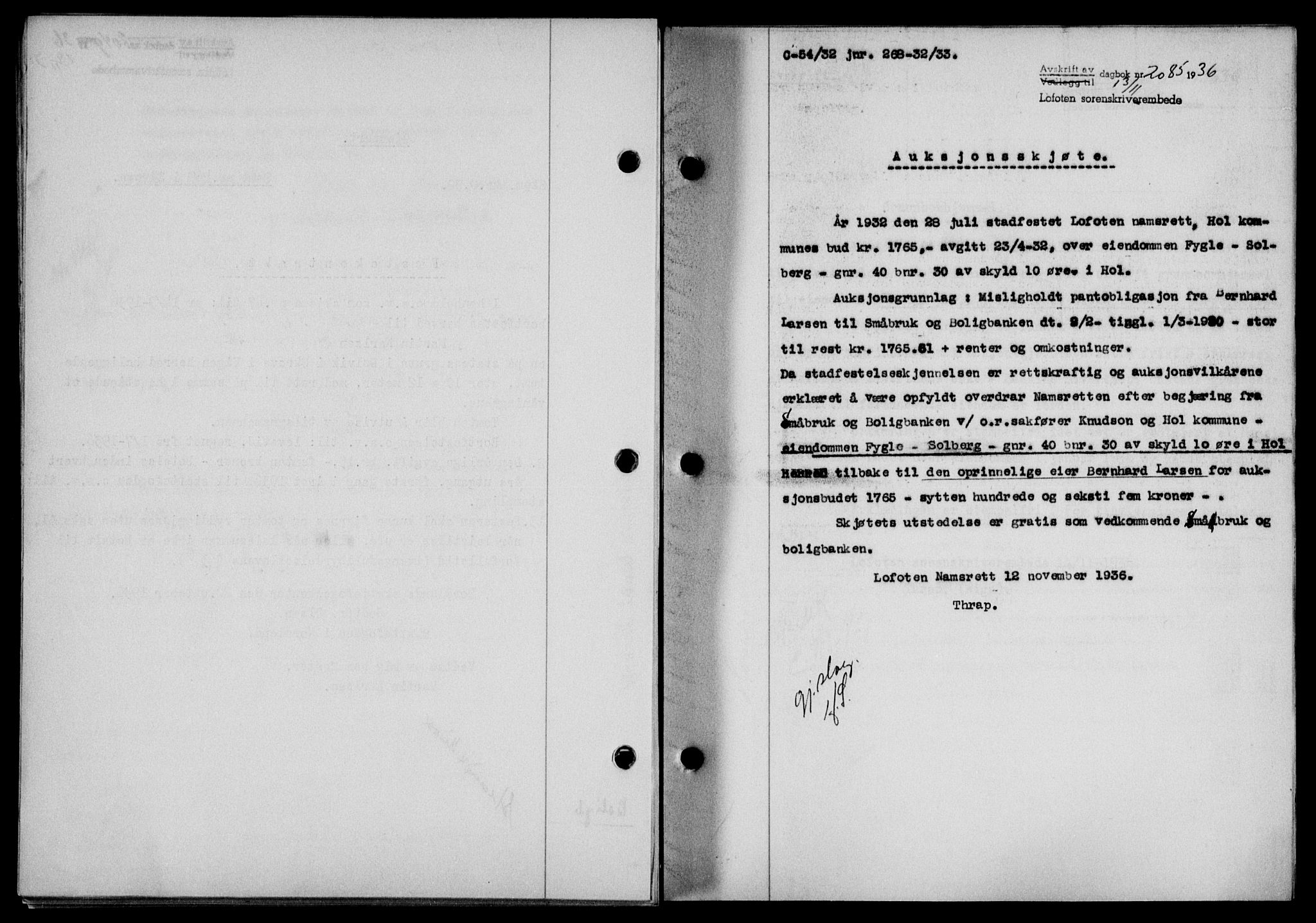 Lofoten sorenskriveri, SAT/A-0017/1/2/2C/L0001a: Mortgage book no. 1a, 1936-1937, Diary no: : 2085/1936