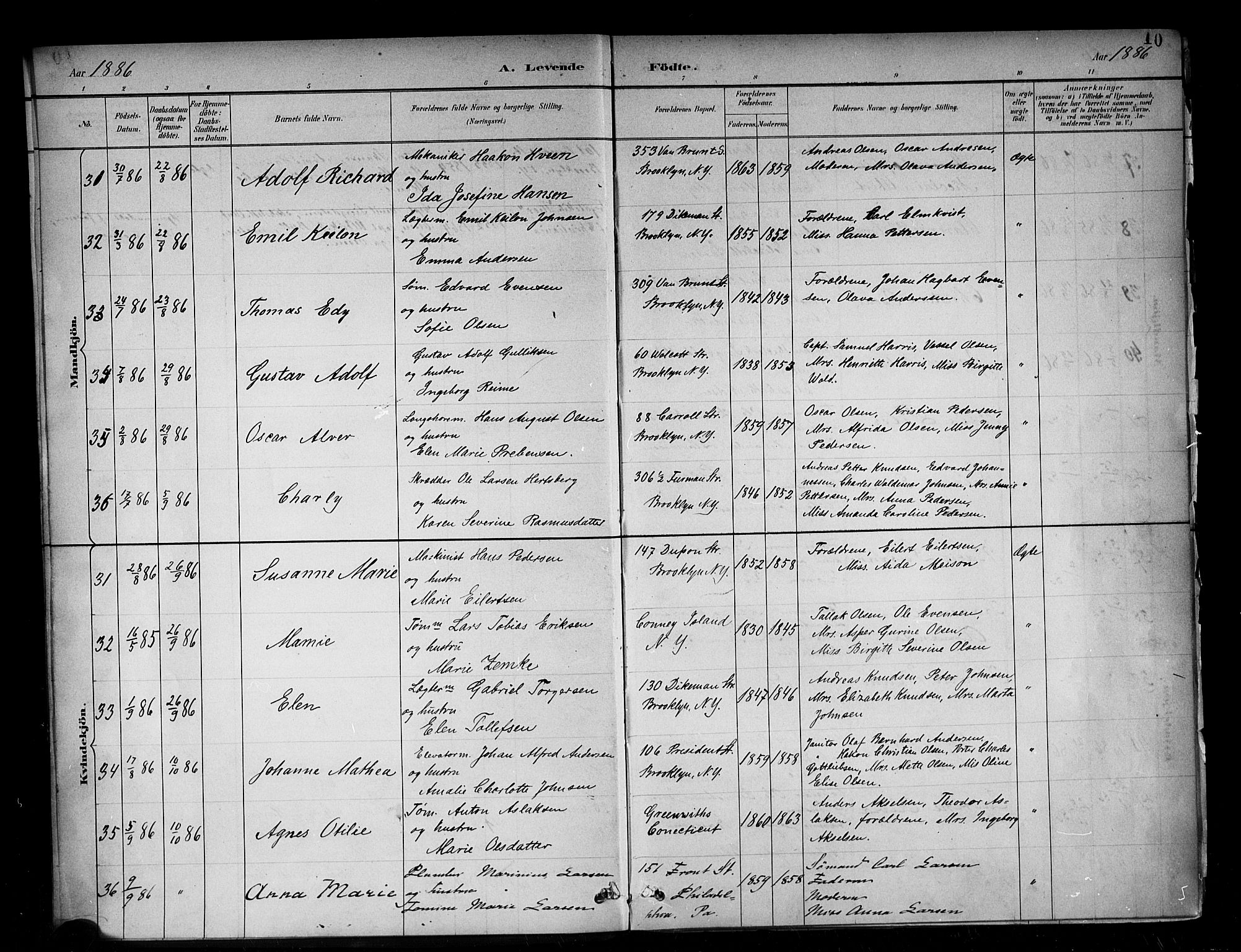 Den norske sjømannsmisjon i utlandet/New York, SAB/SAB/PA-0110/H/Ha/L0002: Parish register (official) no. A 2, 1886-1888, p. 10