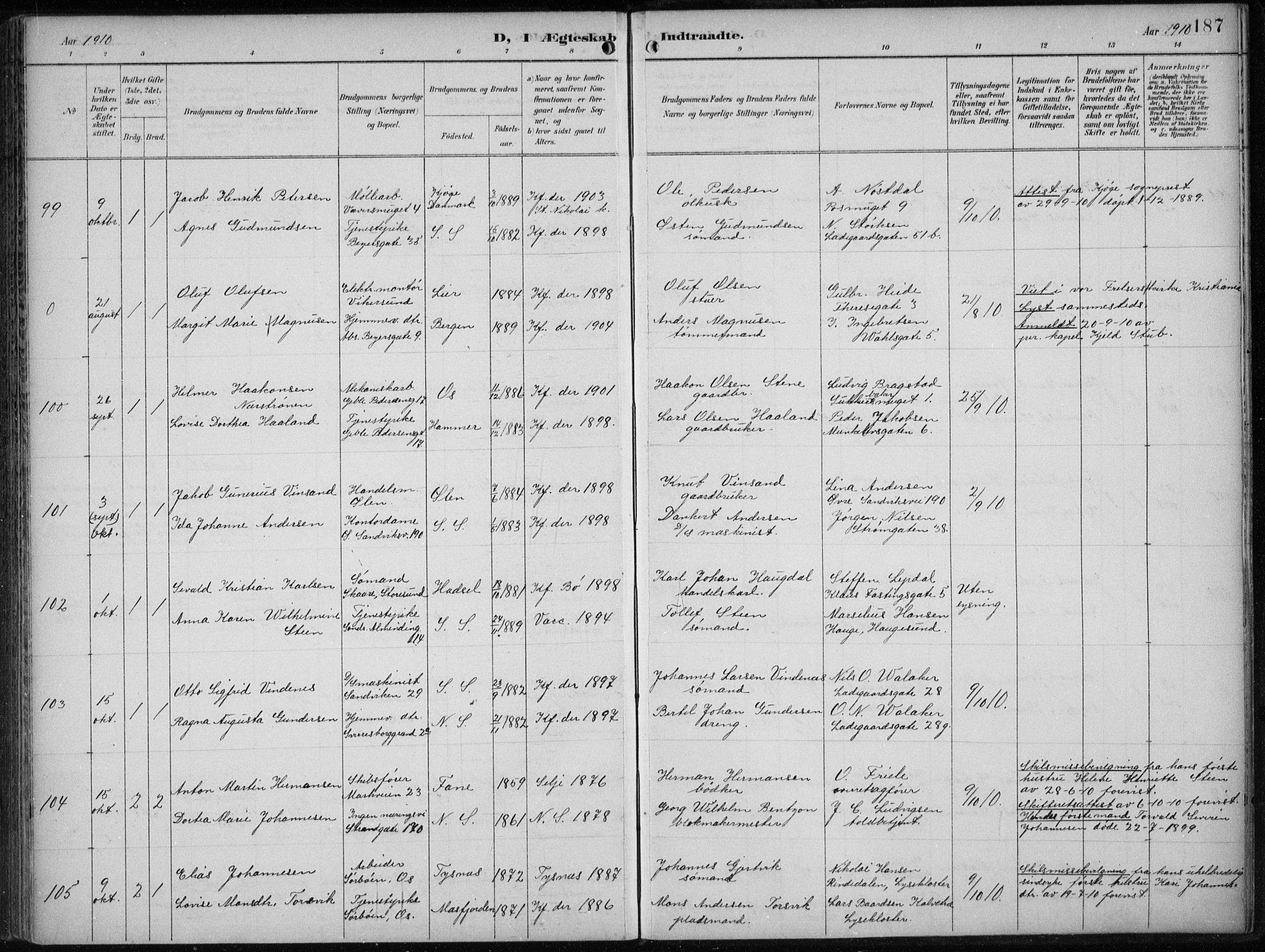 Sandviken Sokneprestembete, AV/SAB-A-77601/H/Ha/L0014: Parish register (official) no. D 1, 1896-1911, p. 187