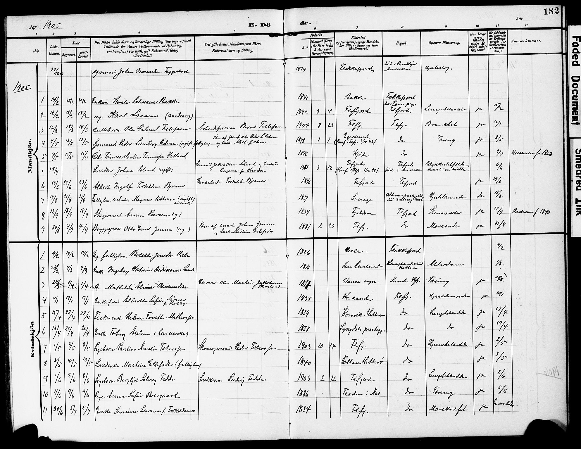 Flekkefjord sokneprestkontor, SAK/1111-0012/F/Fb/Fba/L0001: Parish register (copy) no. B 1, 1903-1931, p. 182