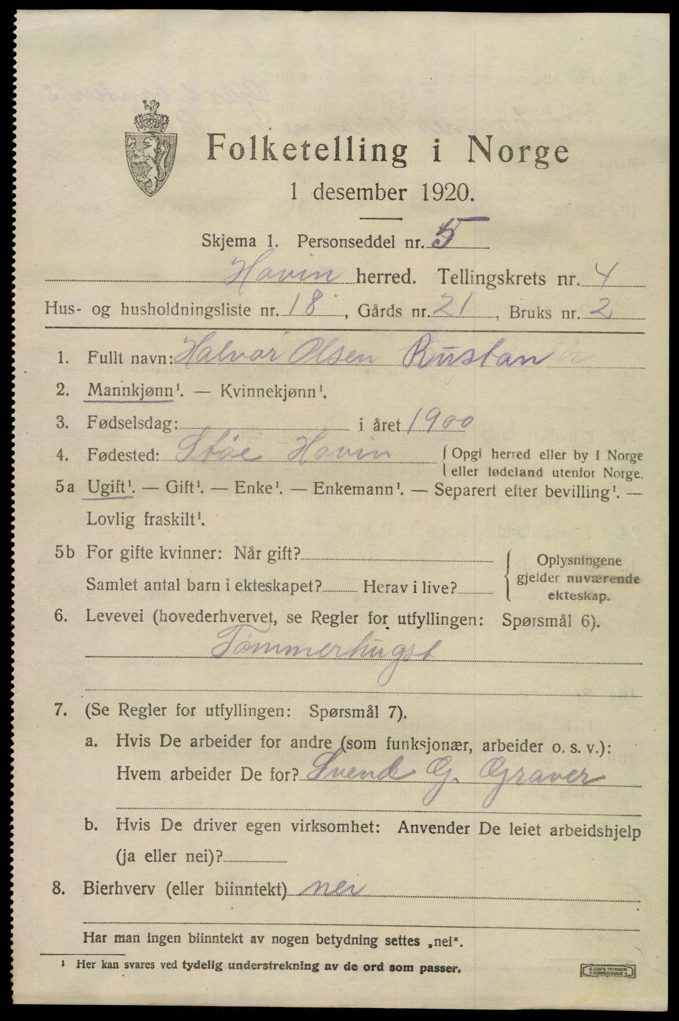 SAKO, 1920 census for Hovin, 1920, p. 1321