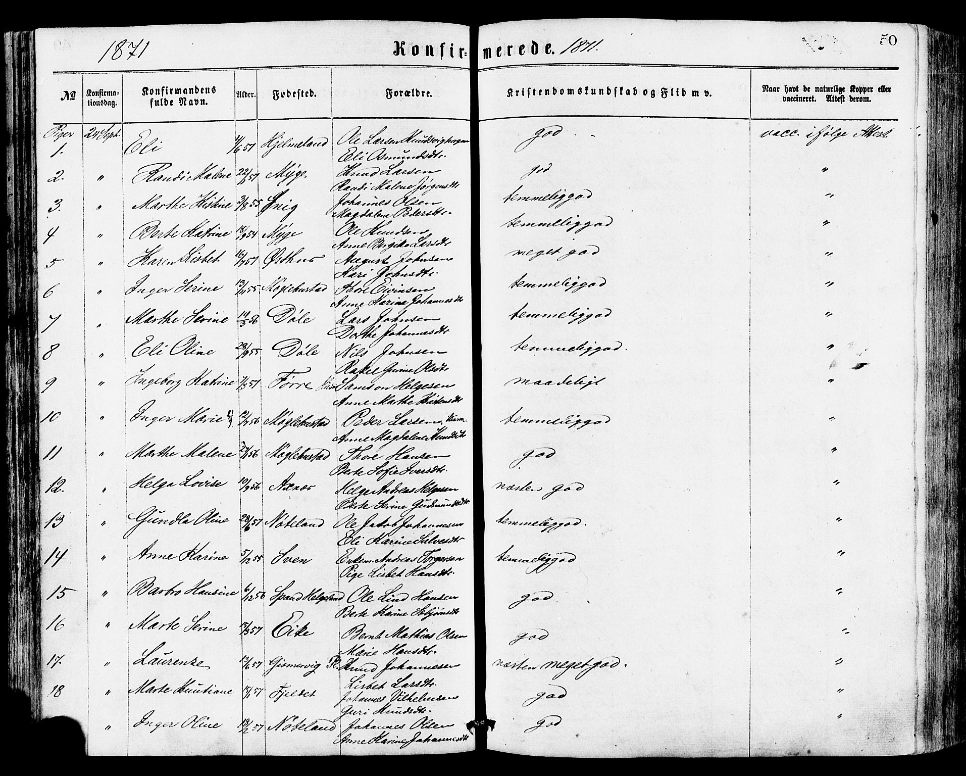 Avaldsnes sokneprestkontor, AV/SAST-A -101851/H/Ha/Haa/L0012: Parish register (official) no. A 12, 1865-1880, p. 50