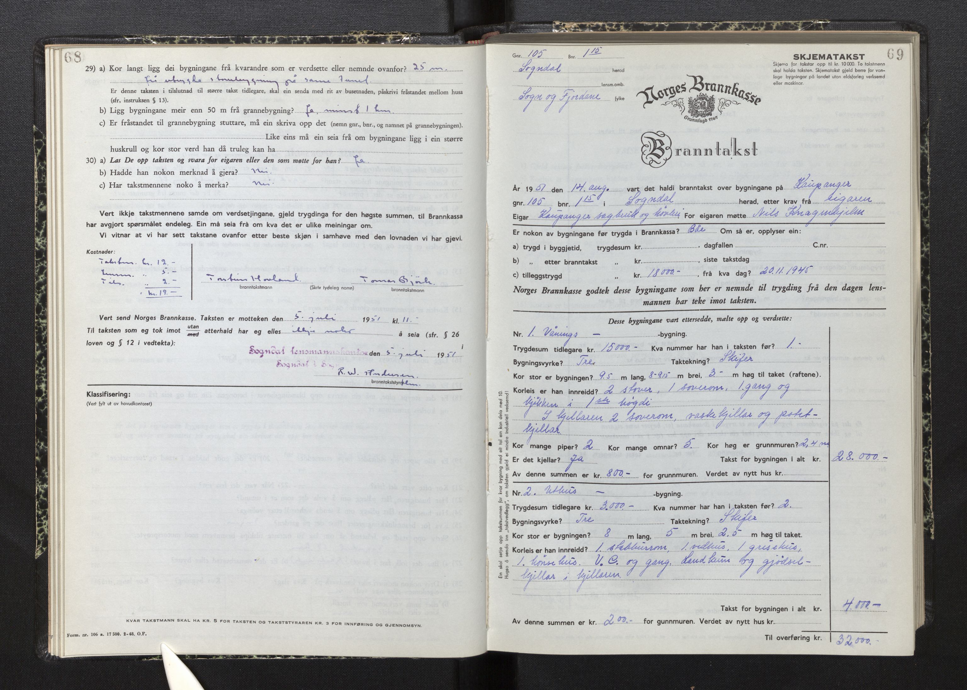 Lensmannen i Sogndal, AV/SAB-A-29901/0012/L0015: Branntakstprotokoll, skjematakst, 1950-1955, p. 68-69