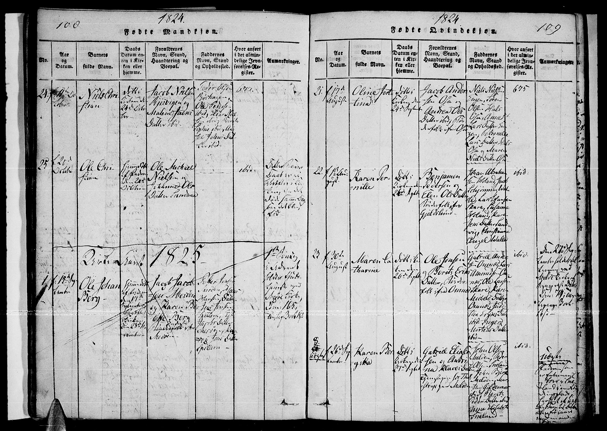 Ministerialprotokoller, klokkerbøker og fødselsregistre - Nordland, AV/SAT-A-1459/841/L0593: Parish register (official) no. 841A04 /2, 1820-1825, p. 108-109